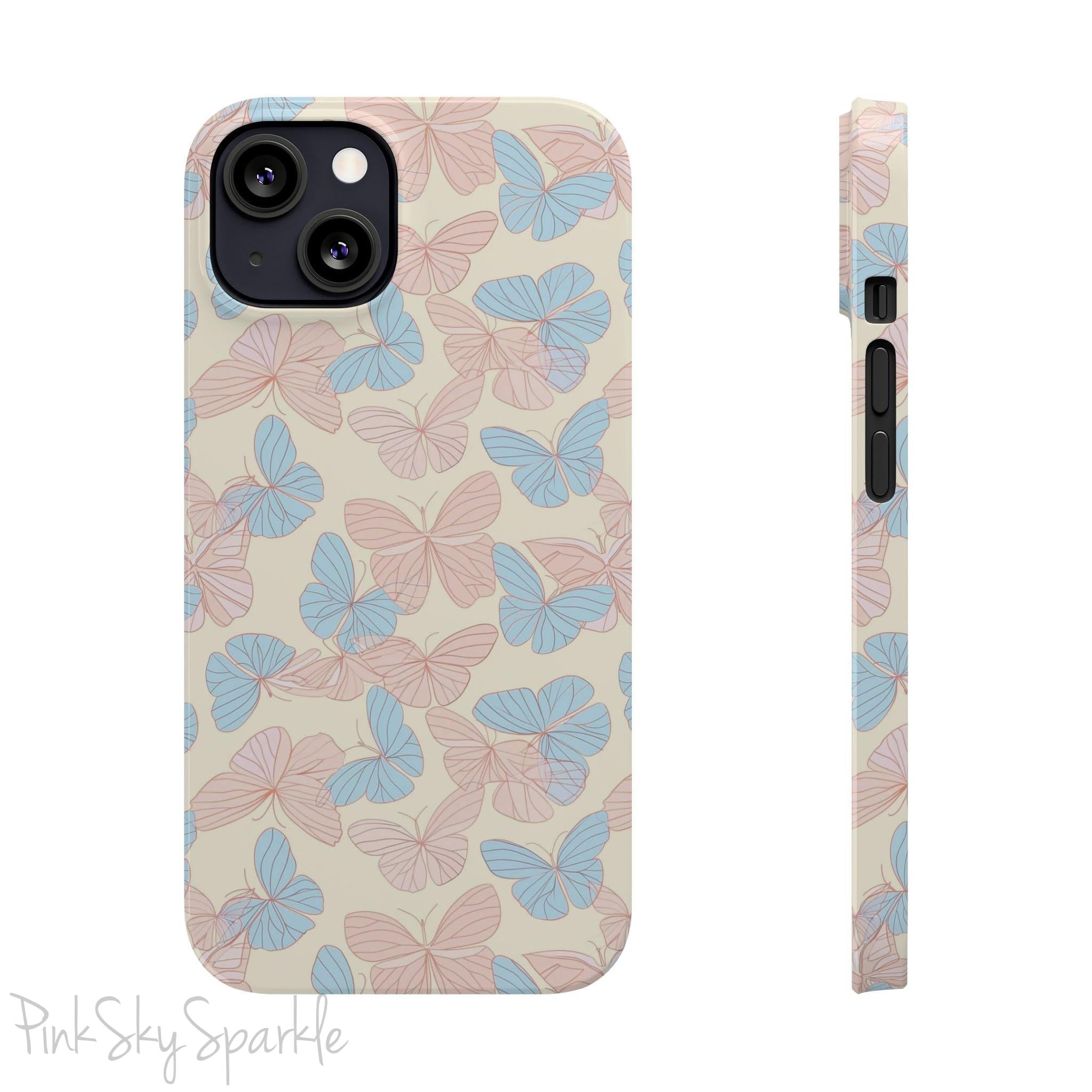 Butterfly Slim iPhone Case. Featuring a neutral background with a pattern of light pink and light blue butterflies.