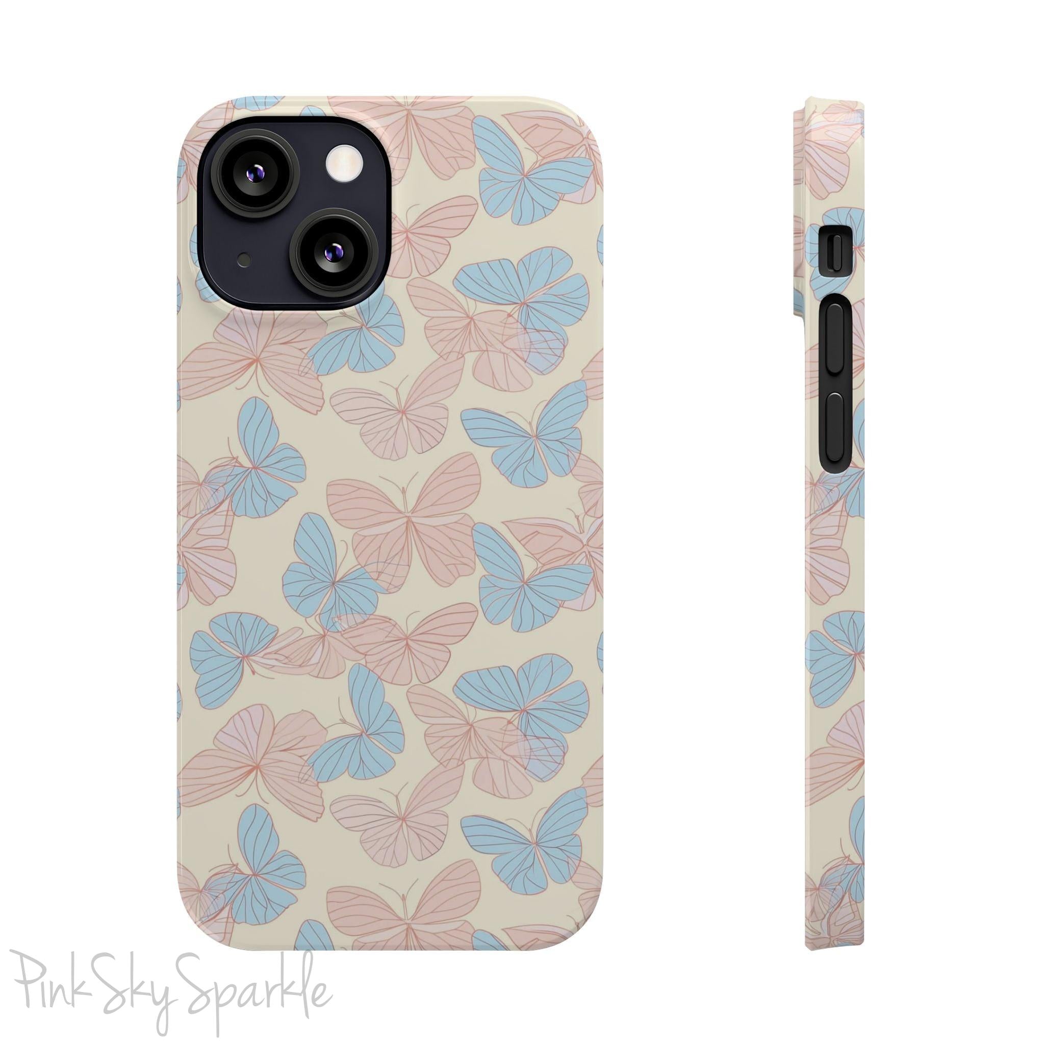 Butterfly Slim iPhone Case. Featuring a neutral background with a pattern of light pink and light blue butterflies.