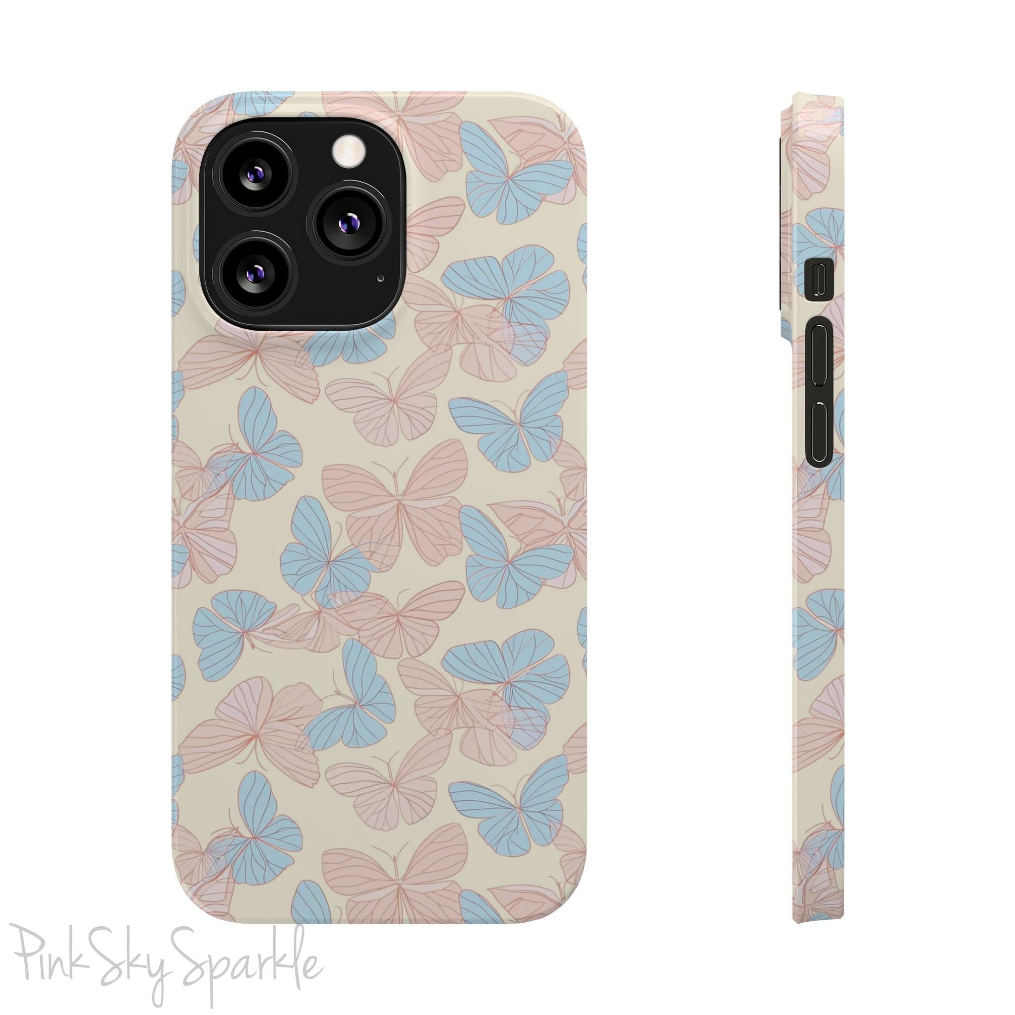 Butterfly Slim iPhone Case. Featuring a neutral background with a pattern of light pink and light blue butterflies.