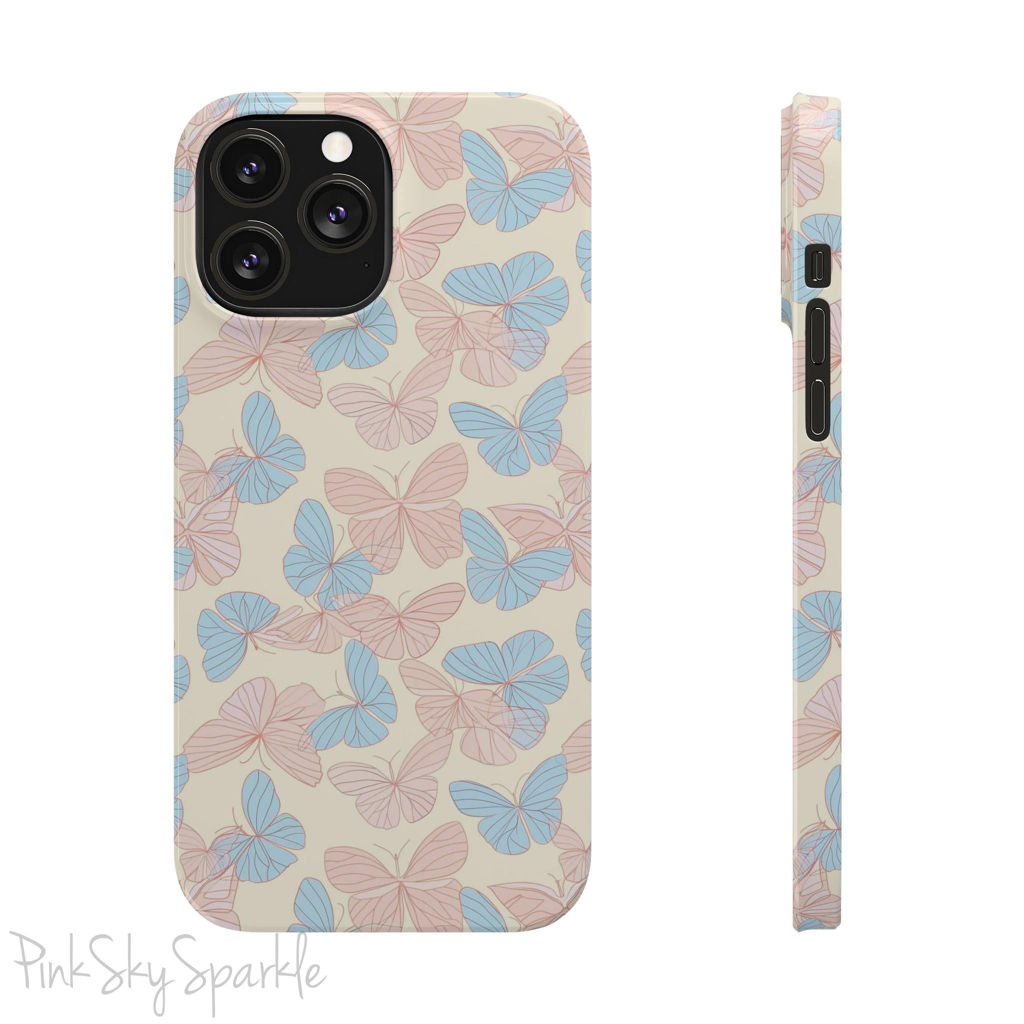 Butterfly Slim iPhone Case. Featuring a neutral background with a pattern of light pink and light blue butterflies.