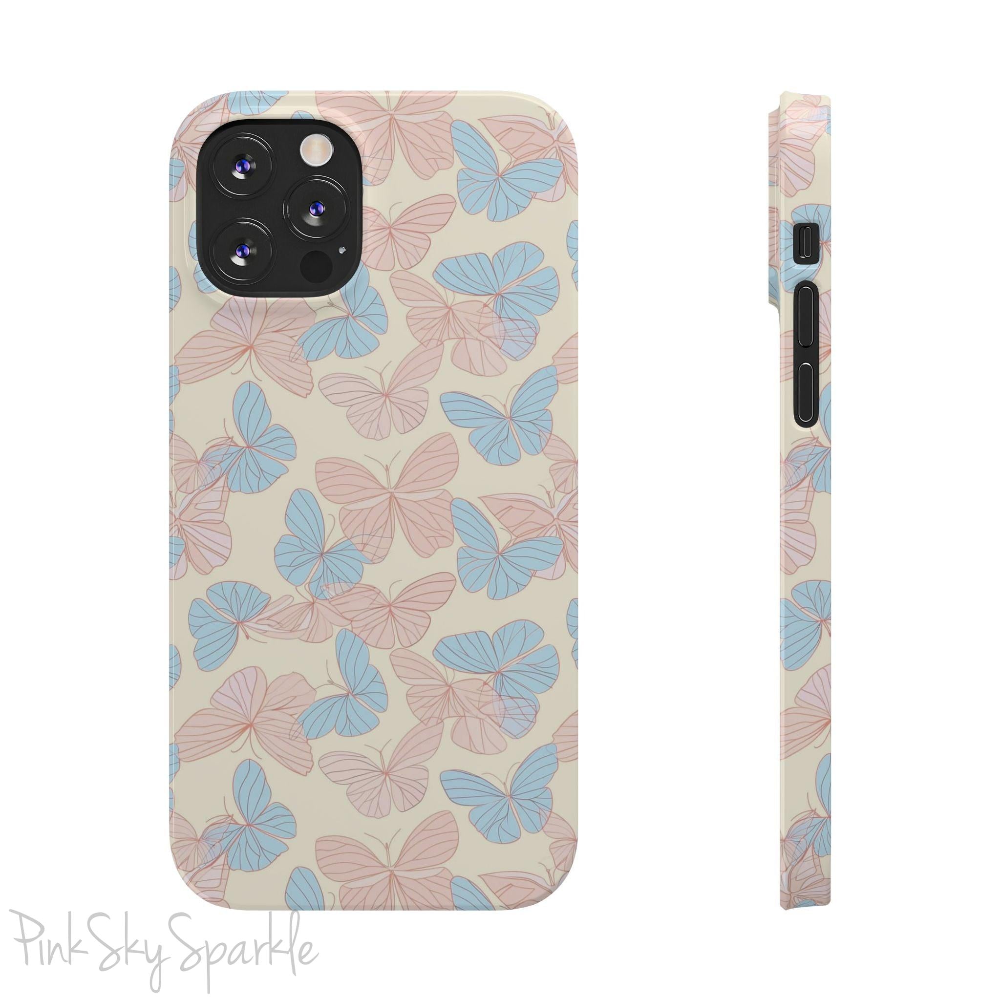 Butterfly Slim iPhone Case. Featuring a neutral background with a pattern of light pink and light blue butterflies.