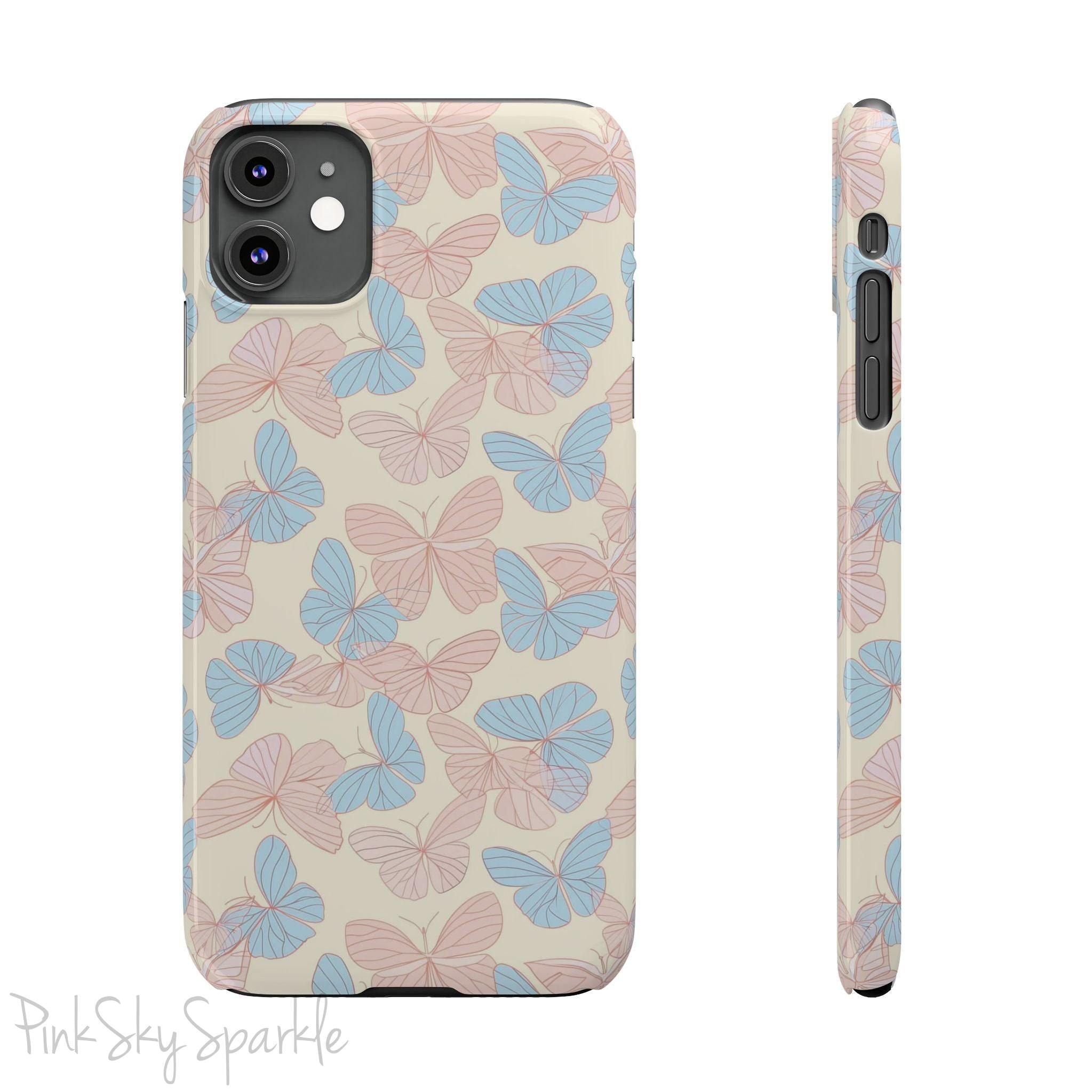 Butterfly Slim iPhone Case. Featuring a neutral background with a pattern of light pink and light blue butterflies.