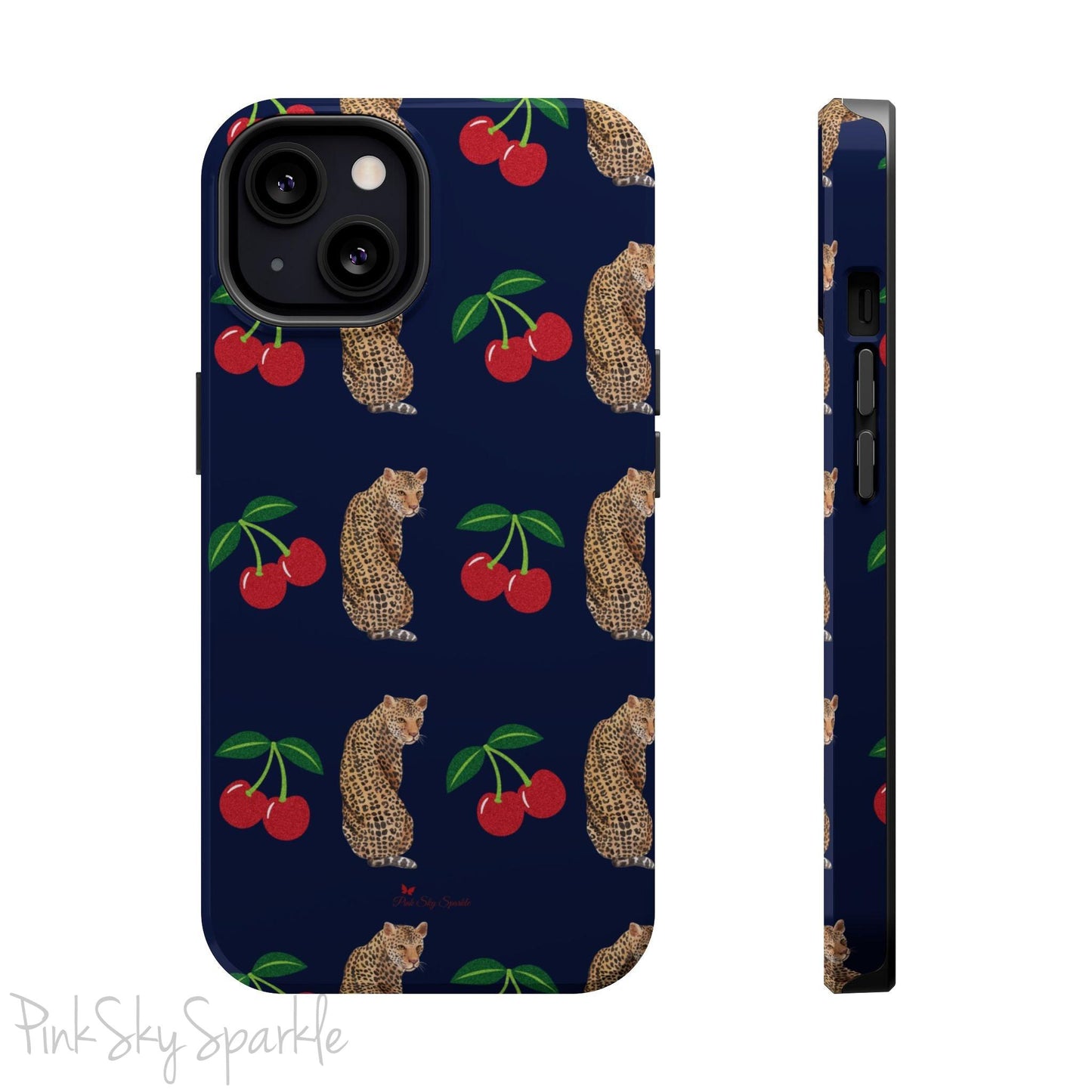 A stylish magnetic iPhone case featuring a unique pattern of leopards and bright red cherries on a dark navy blue background, blending bold and playful elements.