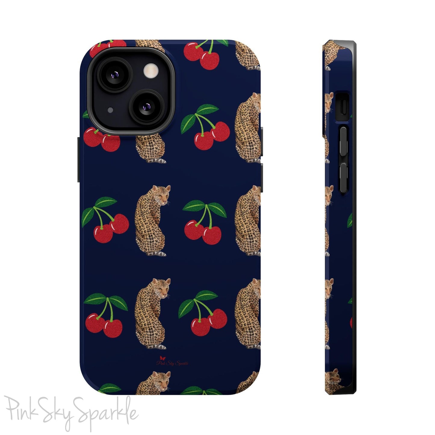A stylish magnetic iPhone case featuring a unique pattern of leopards and bright red cherries on a dark navy blue background, blending bold and playful elements.
