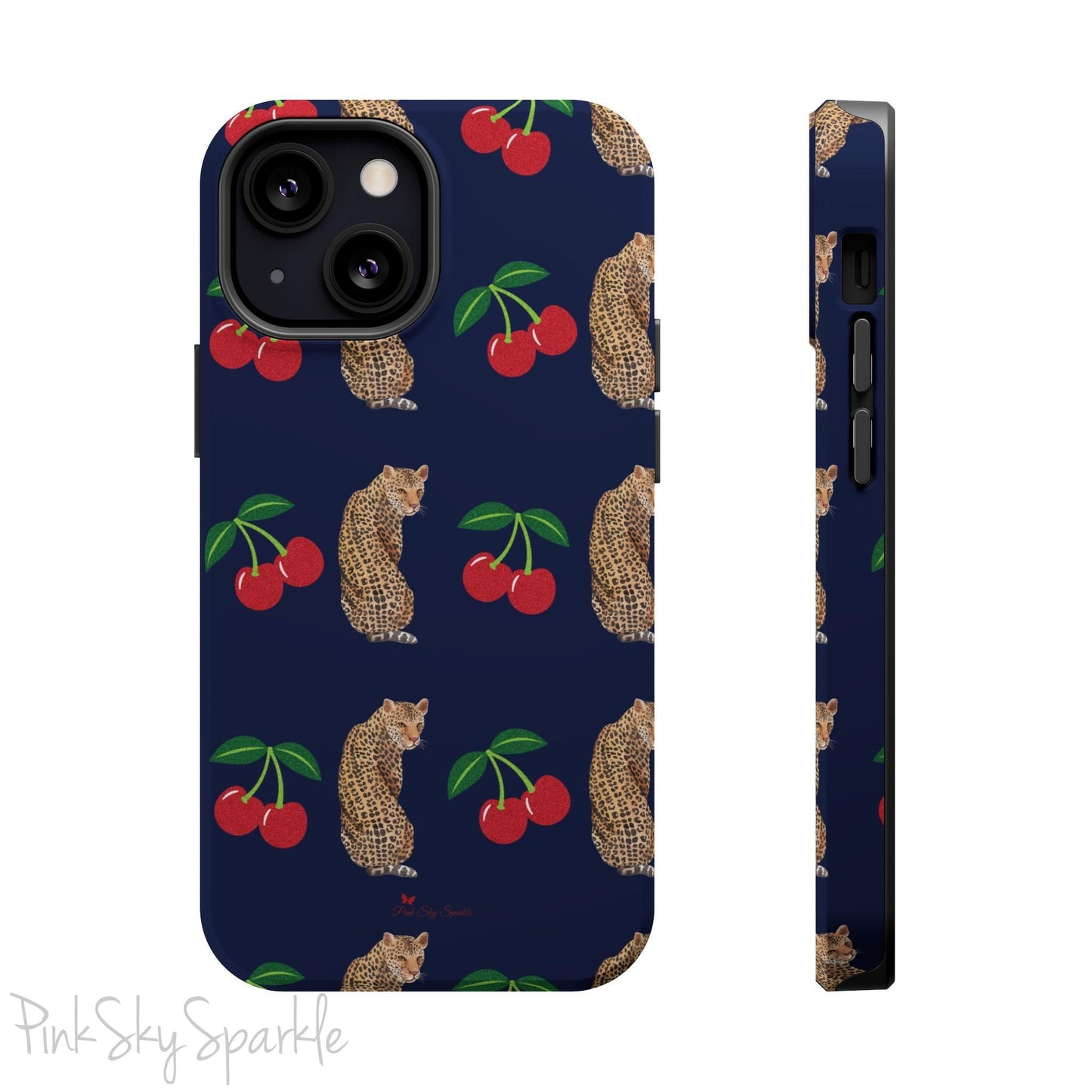 A stylish magnetic iPhone case featuring a unique pattern of leopards and bright red cherries on a dark navy blue background, blending bold and playful elements.