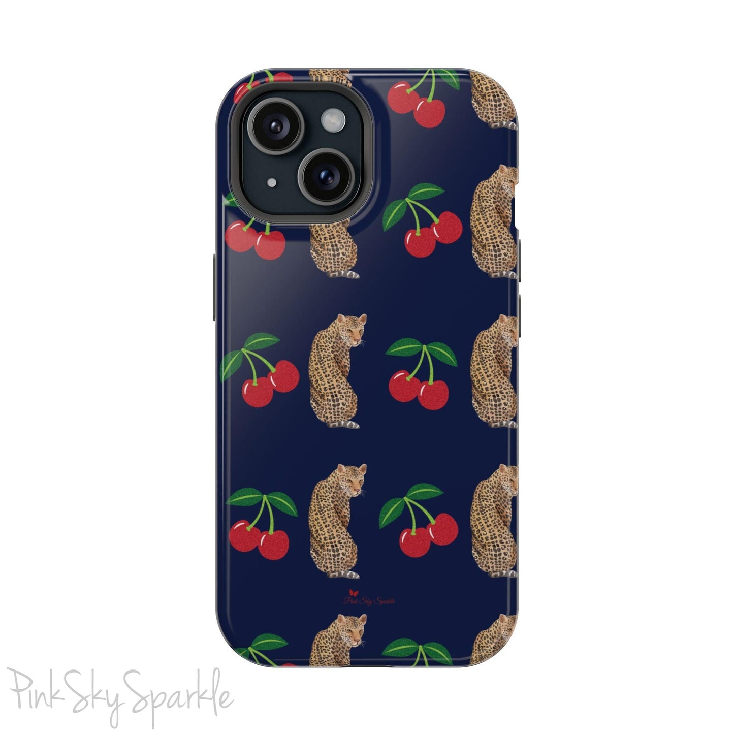 A stylish magnetic iPhone case featuring a unique pattern of leopards and bright red cherries on a dark navy blue background, blending bold and playful elements.