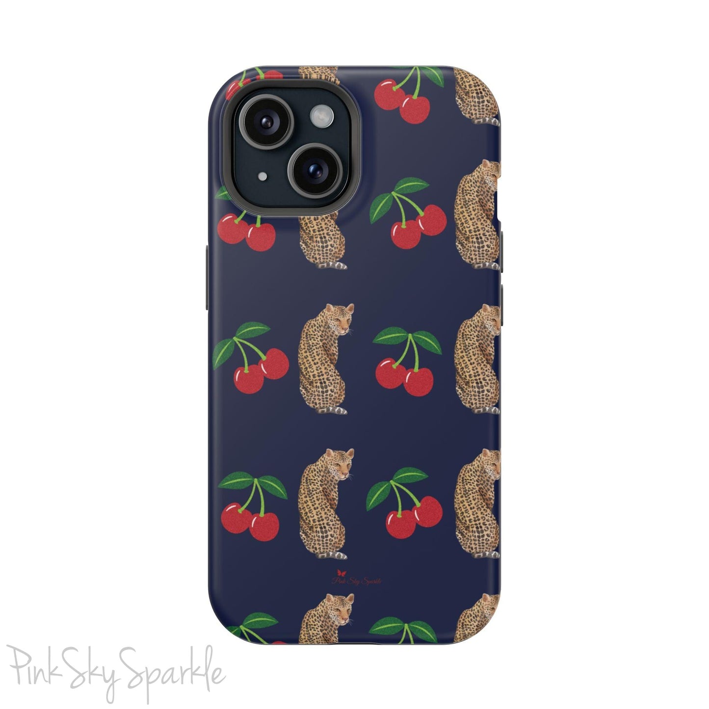 A stylish magnetic iPhone case featuring a unique pattern of leopards and bright red cherries on a dark navy blue background, blending bold and playful elements.