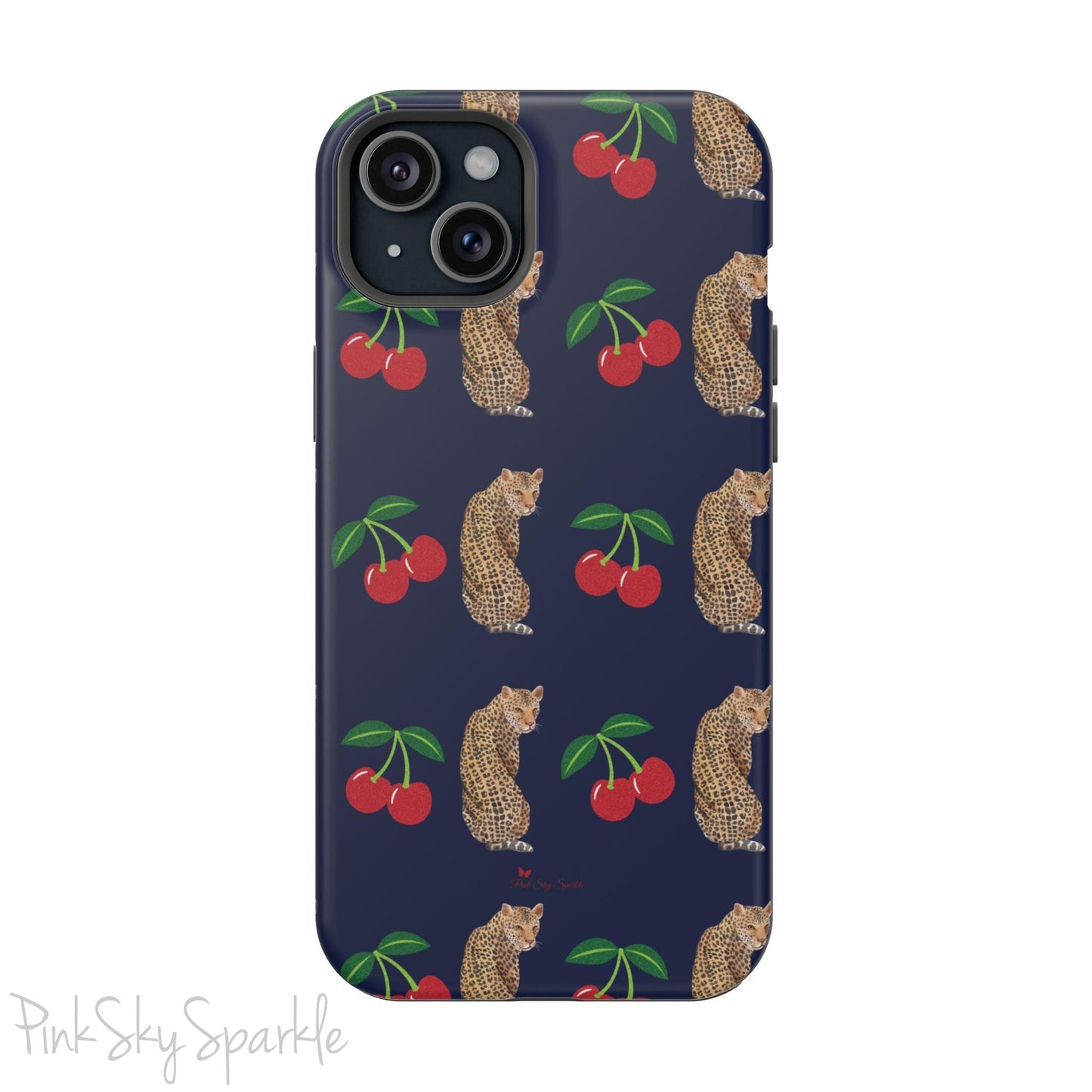 A stylish magnetic iPhone case featuring a unique pattern of leopards and bright red cherries on a dark navy blue background, blending bold and playful elements.