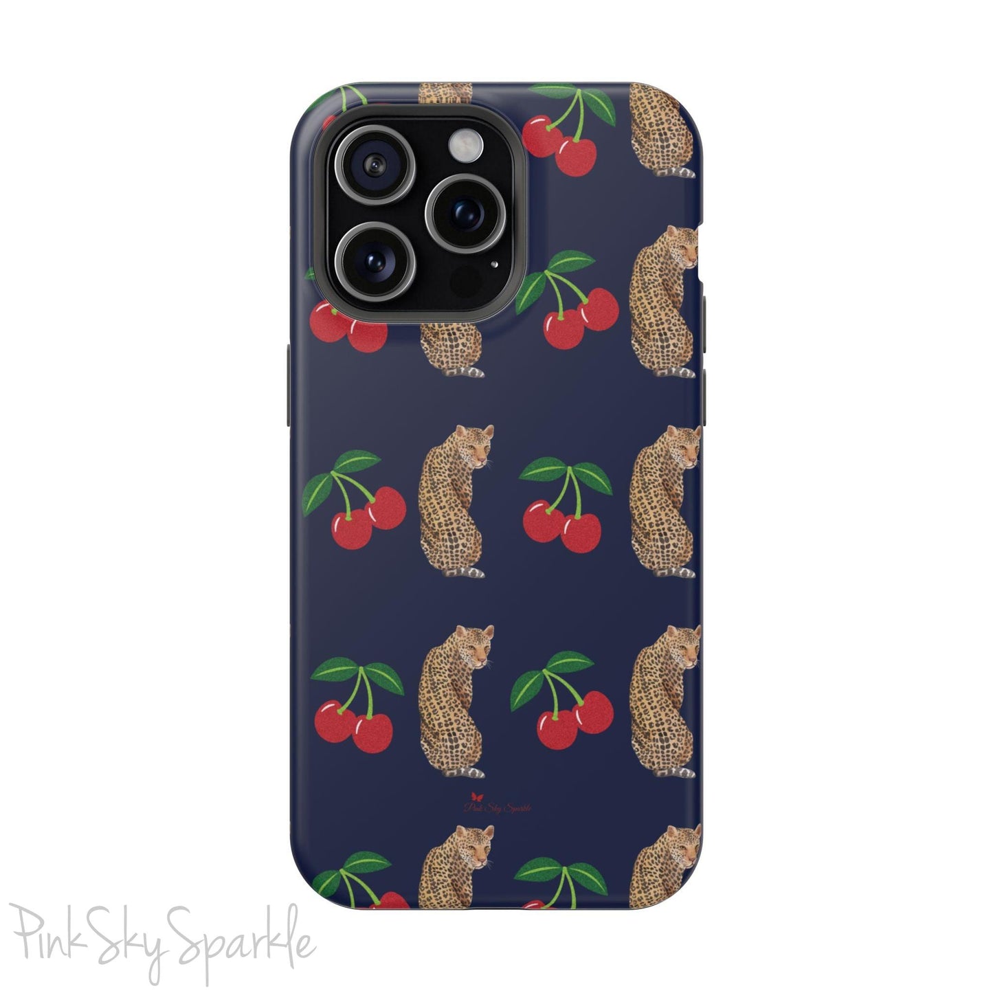A stylish magnetic iPhone case featuring a unique pattern of leopards and bright red cherries on a dark navy blue background, blending bold and playful elements.