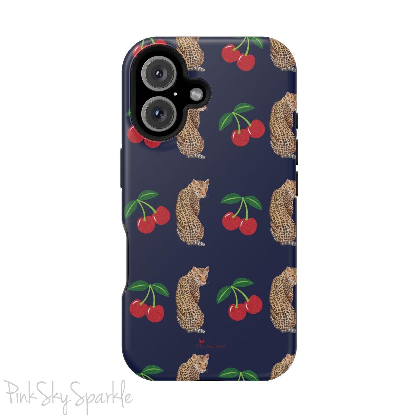 A stylish magnetic iPhone case featuring a unique pattern of leopards and bright red cherries on a dark navy blue background, blending bold and playful elements.