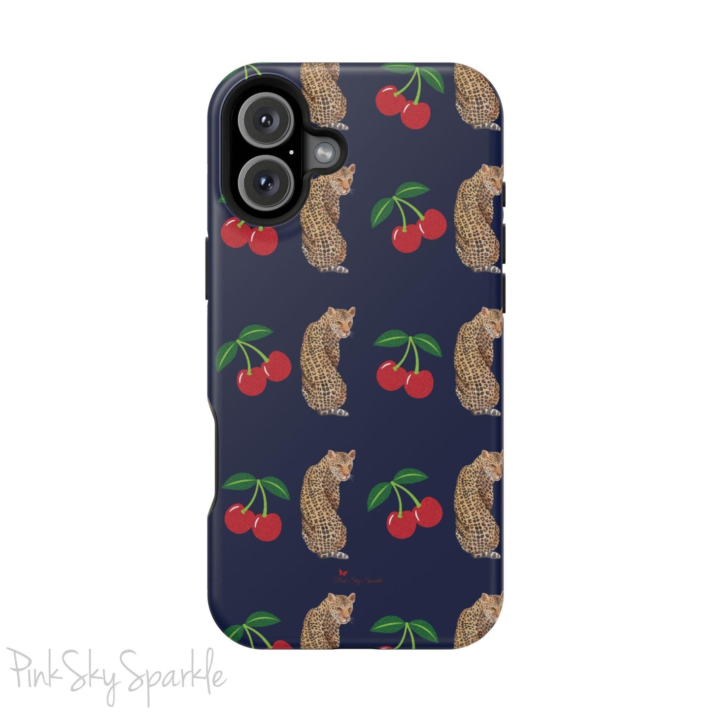 A stylish magnetic iPhone case featuring a unique pattern of leopards and bright red cherries on a dark navy blue background, blending bold and playful elements.