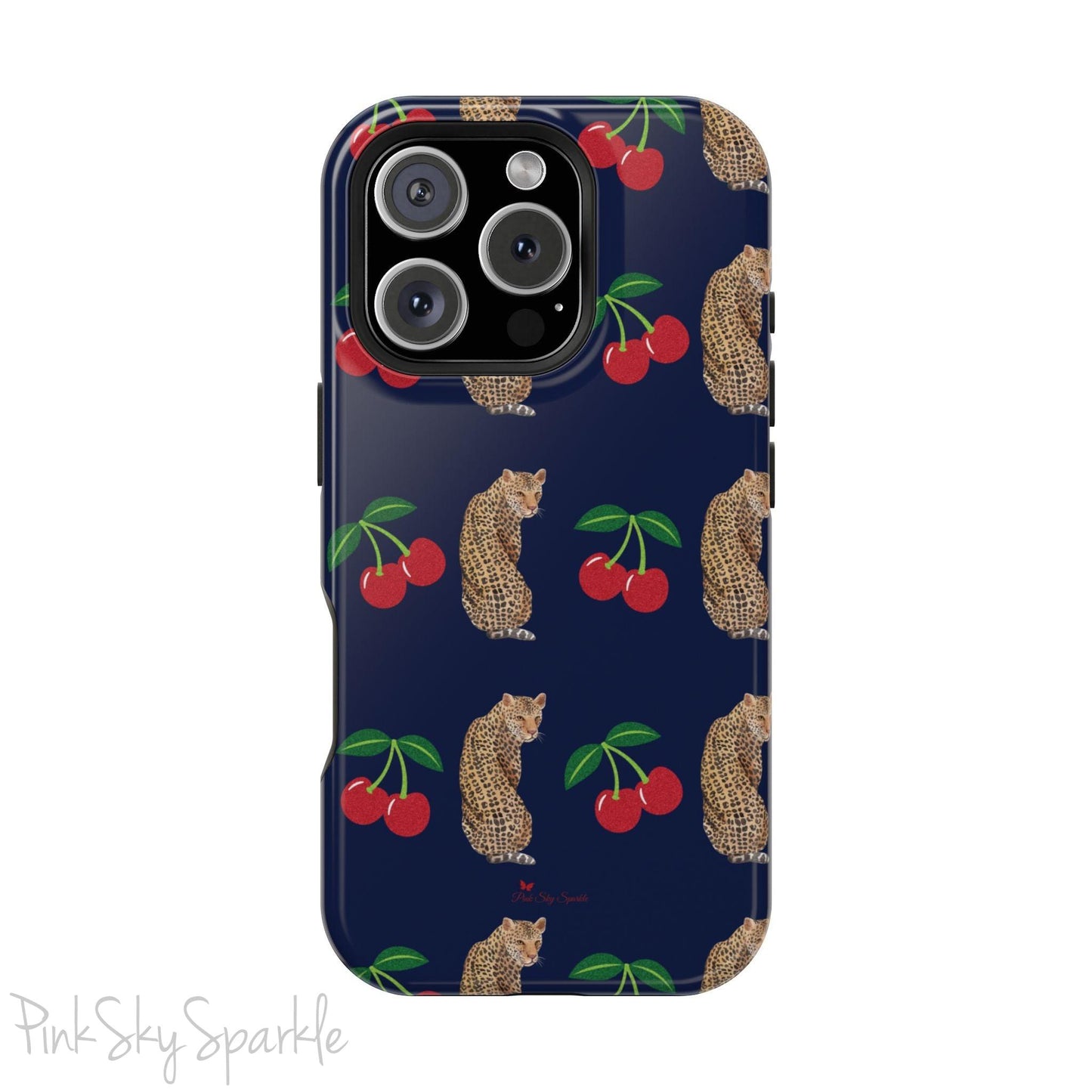 A stylish magnetic iPhone case featuring a unique pattern of leopards and bright red cherries on a dark navy blue background, blending bold and playful elements.