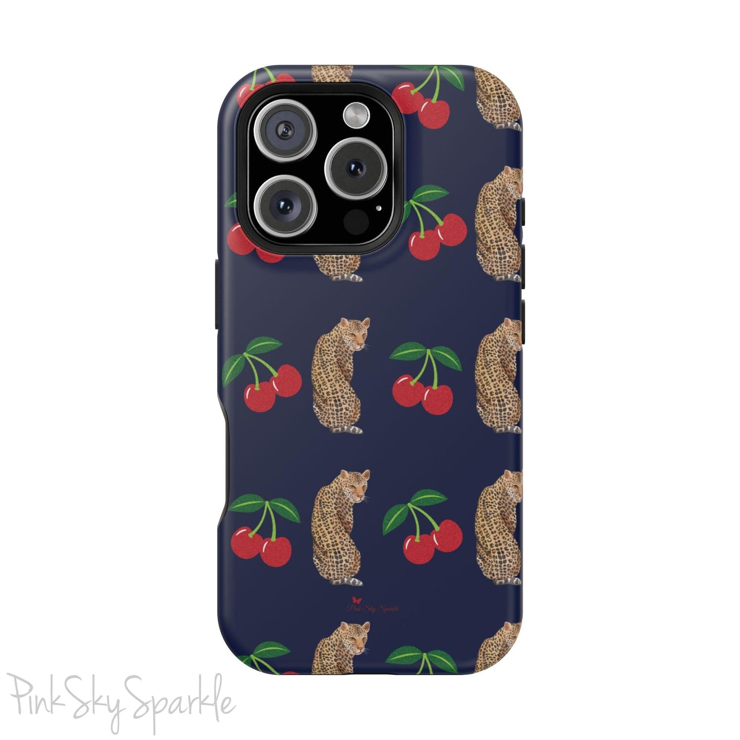 A stylish magnetic iPhone case featuring a unique pattern of leopards and bright red cherries on a dark navy blue background, blending bold and playful elements.