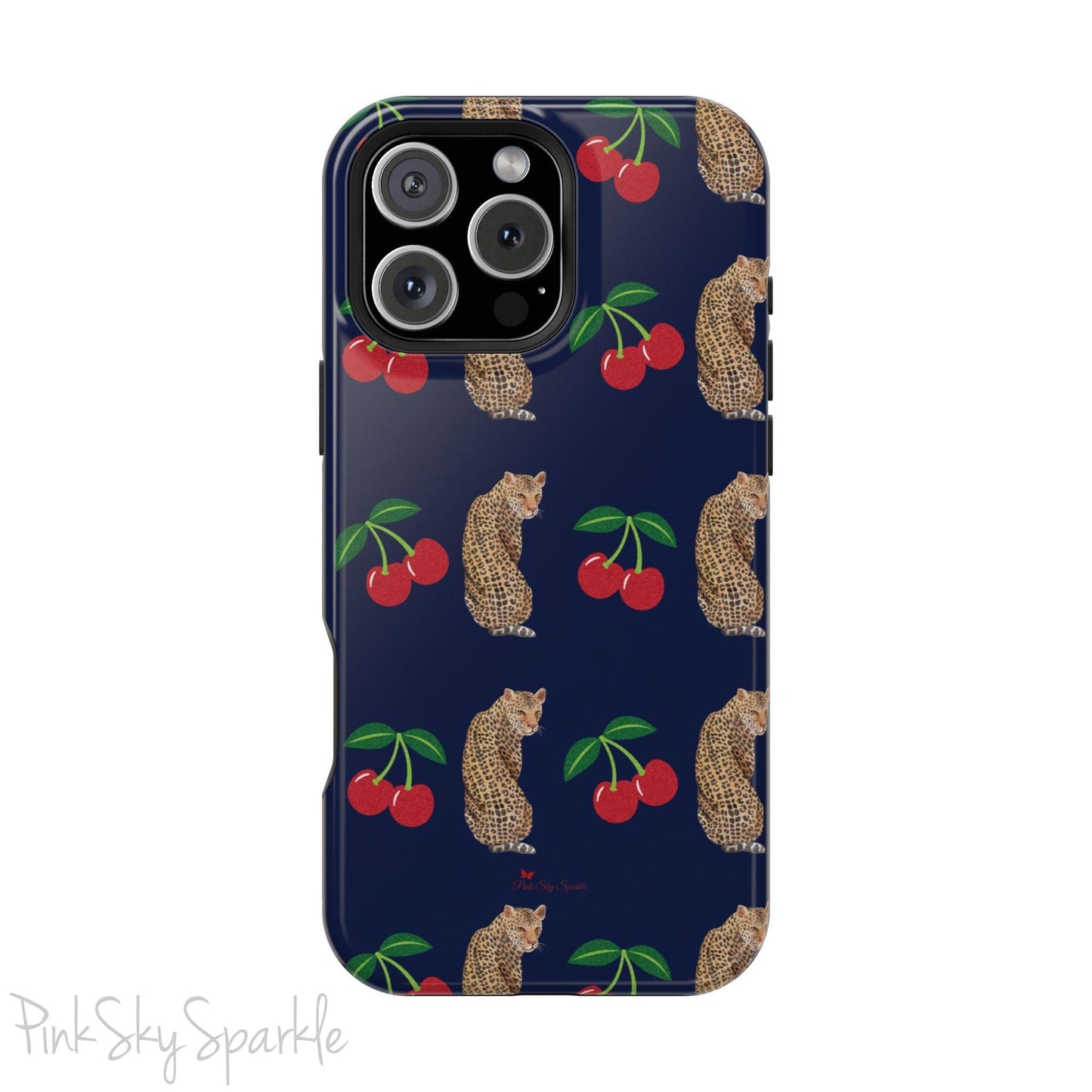 A stylish magnetic iPhone case featuring a unique pattern of leopards and bright red cherries on a dark navy blue background, blending bold and playful elements.