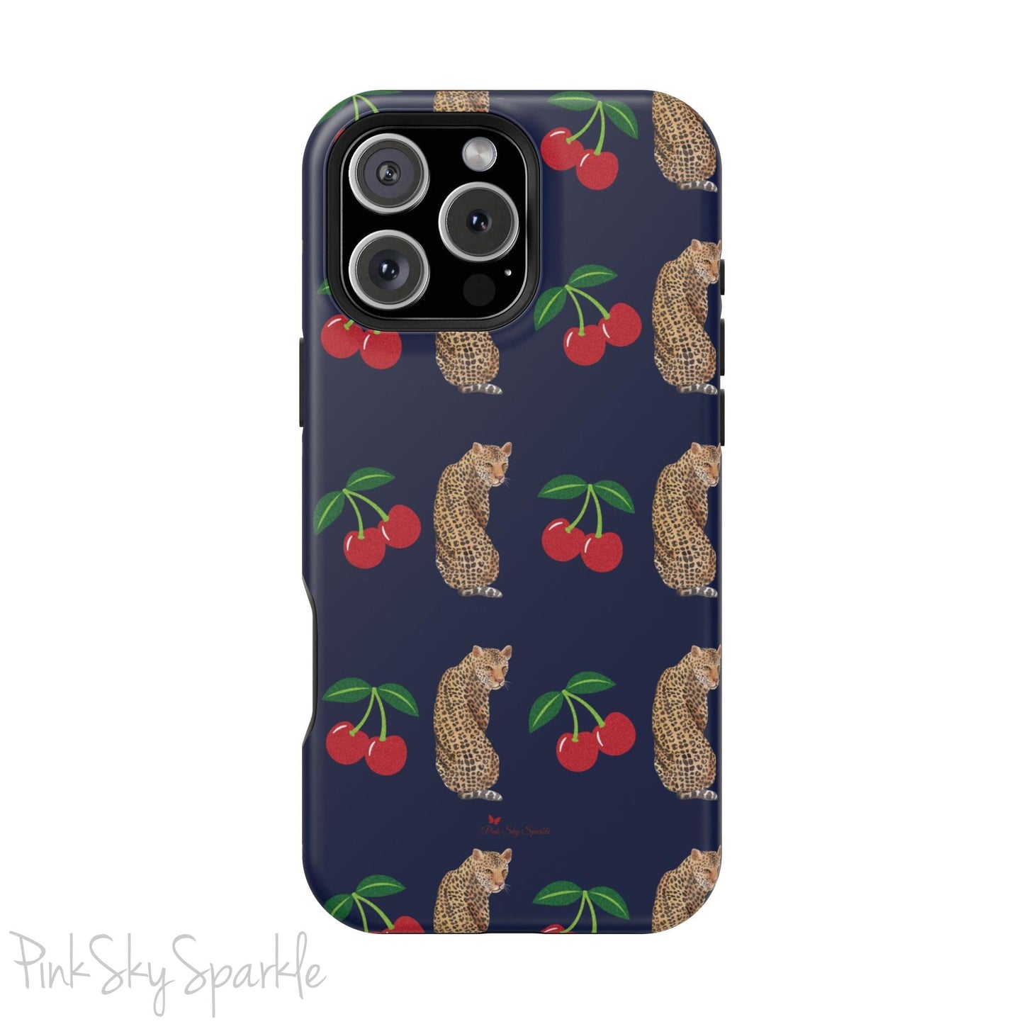 A stylish magnetic iPhone case featuring a unique pattern of leopards and bright red cherries on a dark navy blue background, blending bold and playful elements.