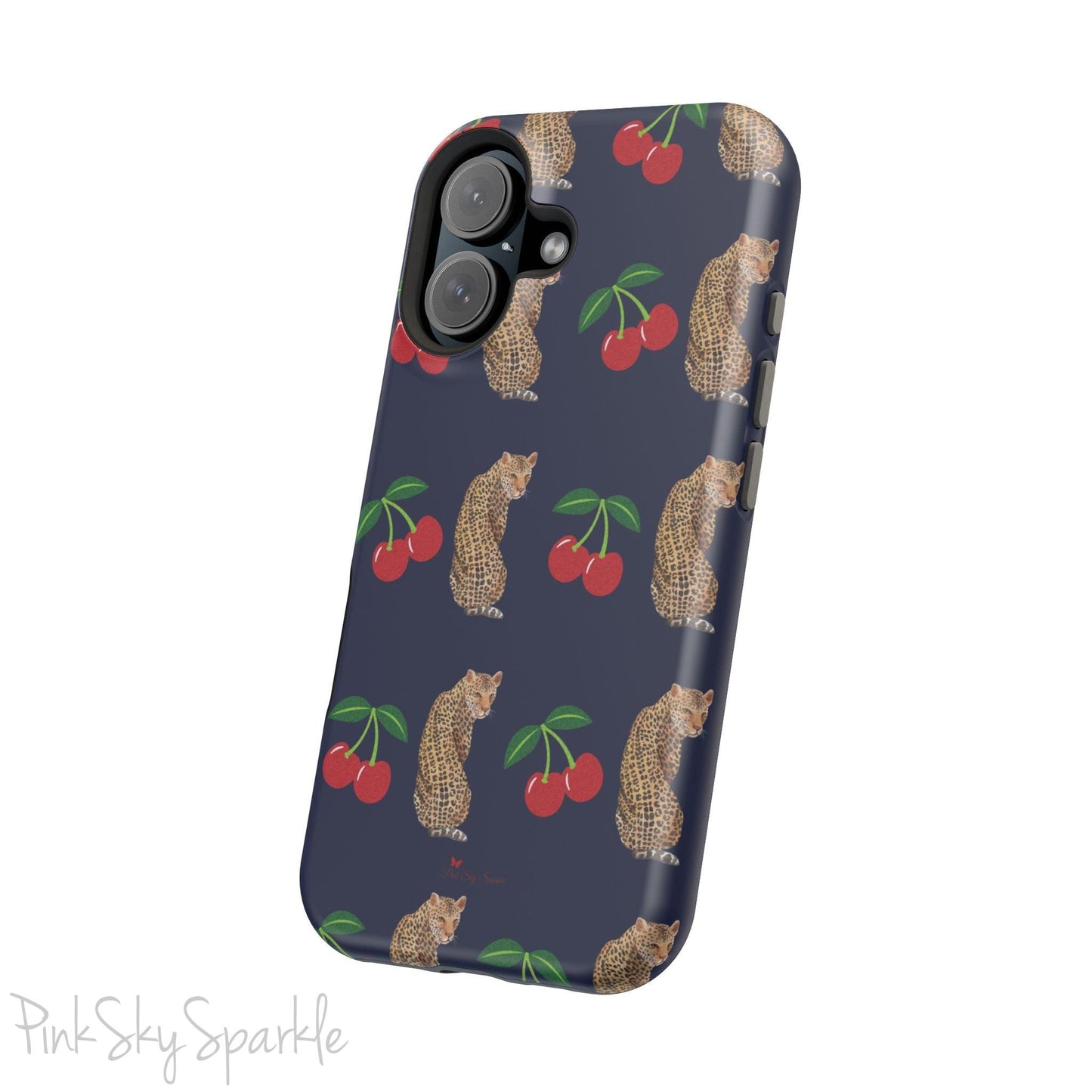 A stylish magnetic iPhone case featuring a unique pattern of leopards and bright red cherries on a dark navy blue background, blending bold and playful elements.