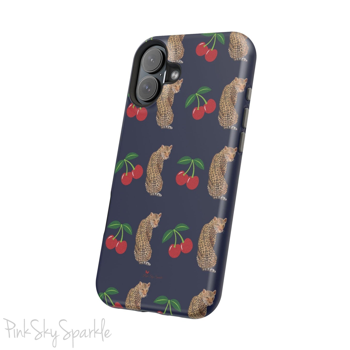 A stylish magnetic iPhone case featuring a unique pattern of leopards and bright red cherries on a dark navy blue background, blending bold and playful elements.