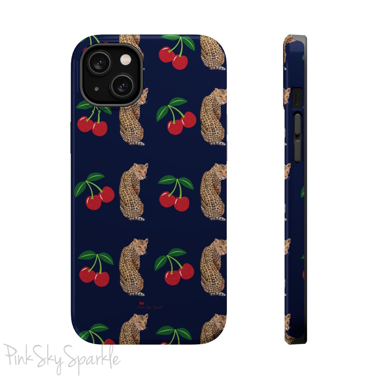 A stylish magnetic iPhone case featuring a unique pattern of leopards and bright red cherries on a dark navy blue background, blending bold and playful elements.