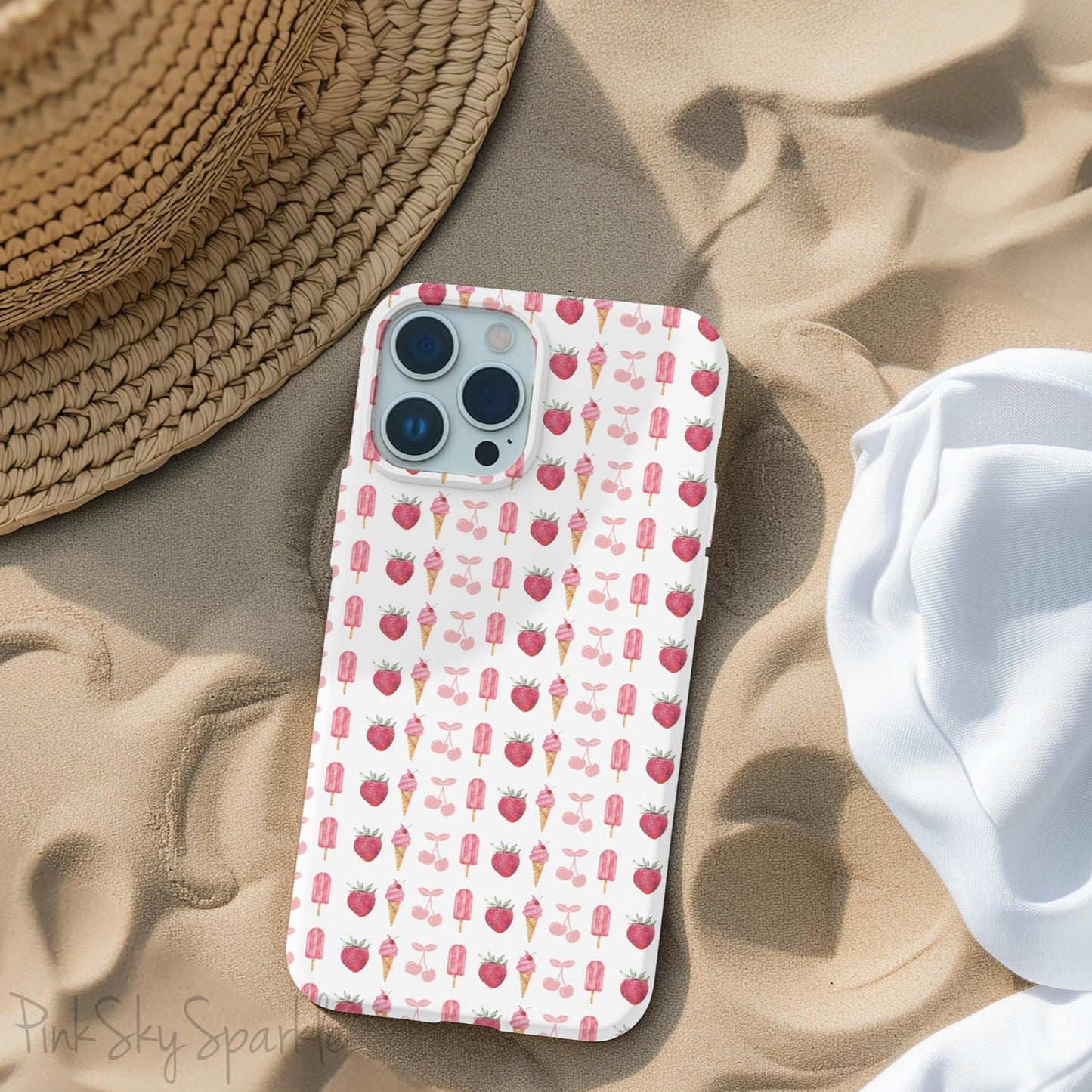 Introducing our Cherry Berry Magnetic Case – where aesthetics meet function! These phone cases feature a delightful pattern of pink cherries, strawberries, cream cones, and popsicles, creating a fun and vibrant design that stands out. Perfect for adding a pop of colour to your daily routine.