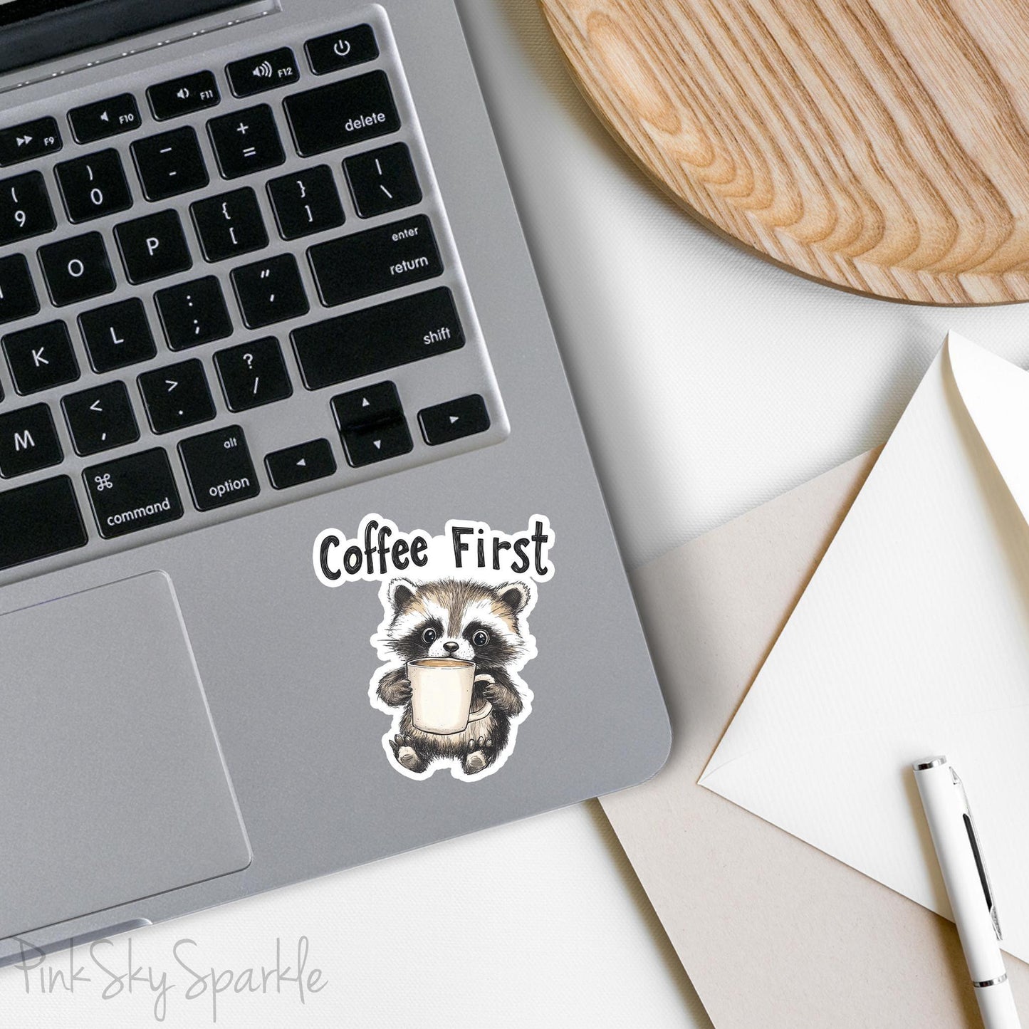 Coffee First Raccoon Waterproof Sticker - Cute, durable coffee-themed raccoon sticker for laptops, water bottles, planners, journals, iPads, cars, skateboards. High-quality matte vinyl with scratch-resistant, waterproof lamination. Perfect gift for teens and adults.