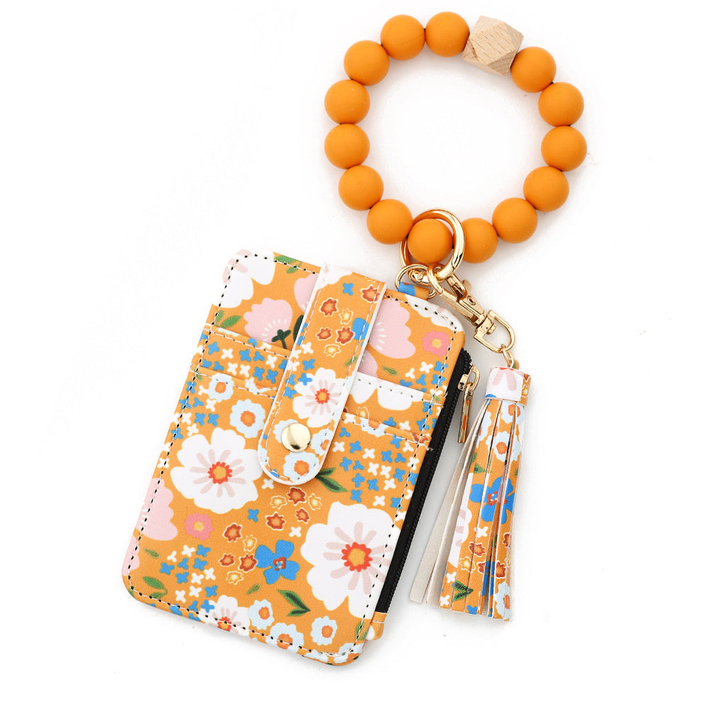 floral wristlet card holder with beaded keychain, tassel, and zipper pocket – compact wallet for women