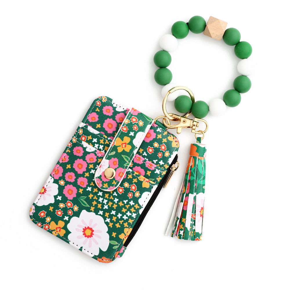 floral wristlet card holder with beaded keychain, tassel, and zipper pocket – compact wallet for women