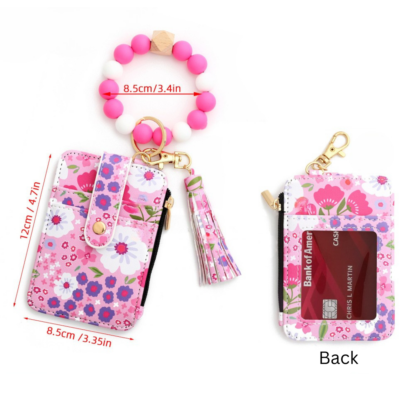 Front and back of floral wristlet card holder with beaded keychain, tassel, and zipper pocket – compact wallet for women. The back view shows the ID window.