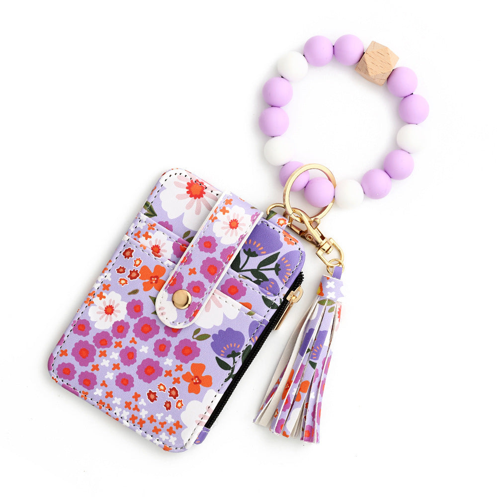 floral wristlet card holder with beaded keychain, tassel, and zipper pocket – compact wallet for women