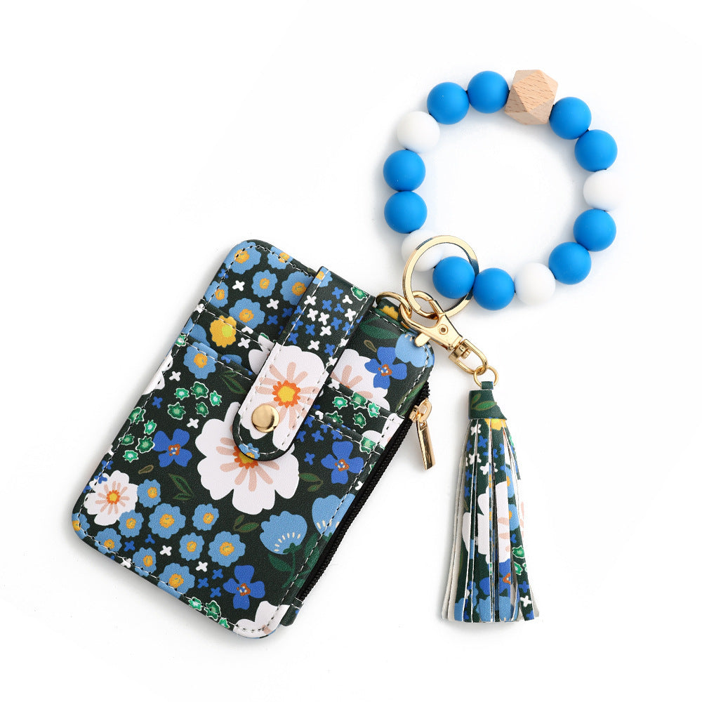 floral wristlet card holder with beaded keychain, tassel, and zipper pocket – compact wallet for women