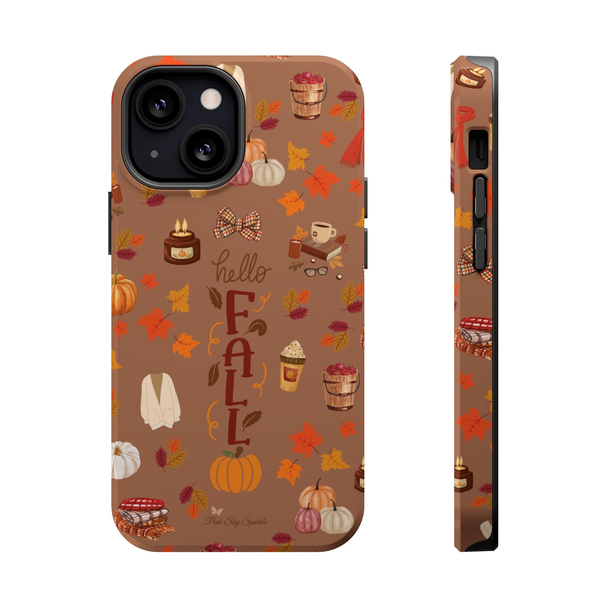 Phone case with autumn-themed design featuring pumpkins, leaves, and 'hello FALL' text on a brown background.