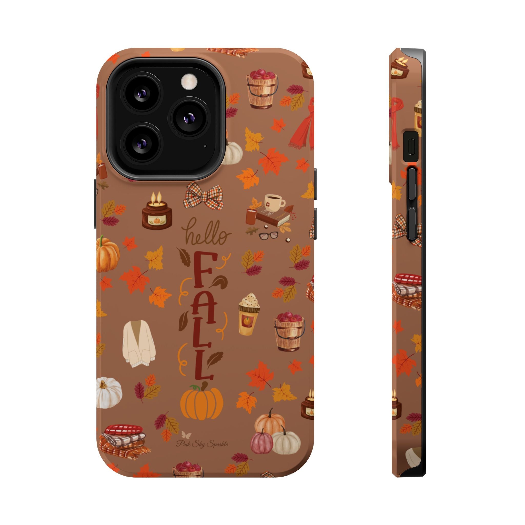 Phone case with autumn-themed design on a brown background