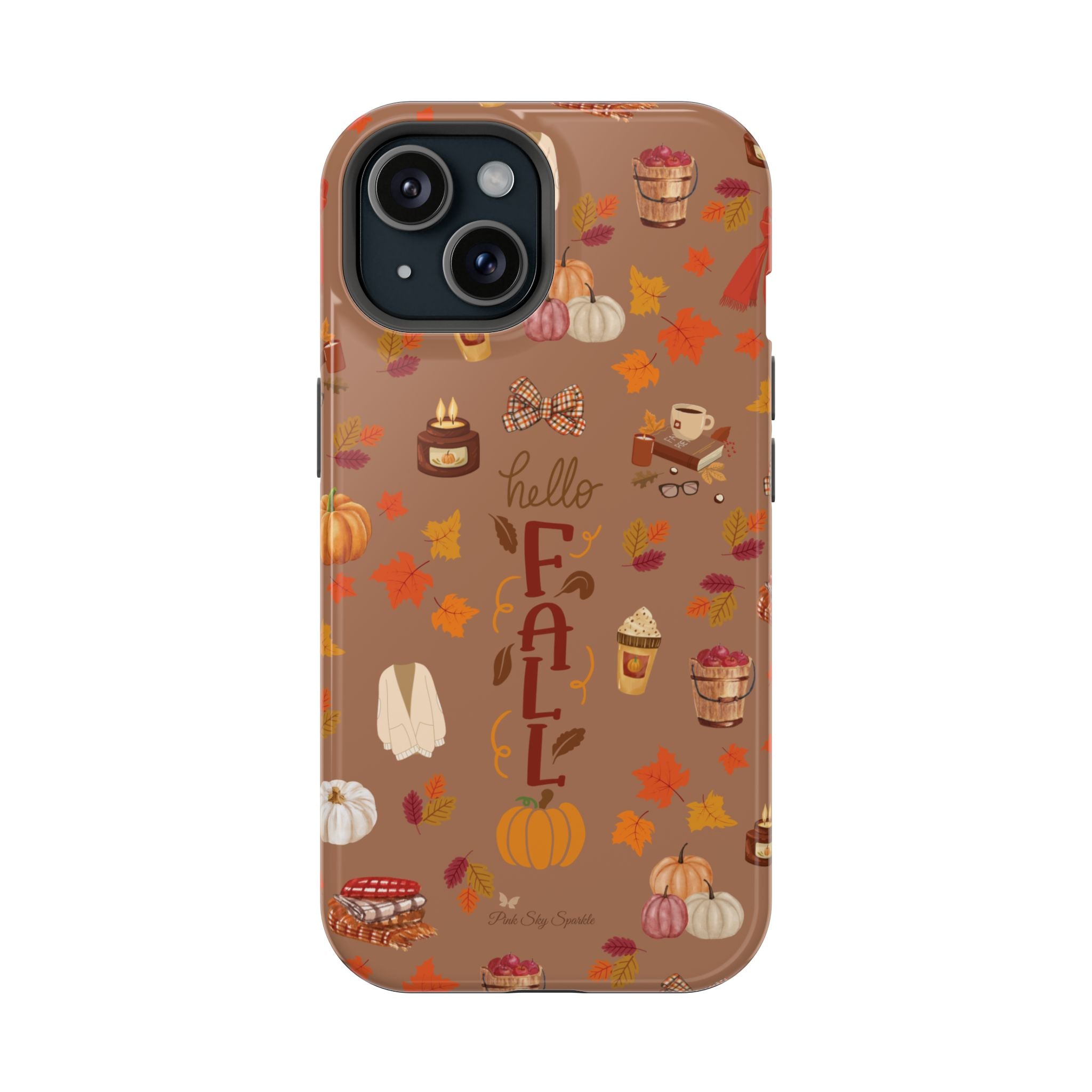 Phone case with autumn-themed design on a white background