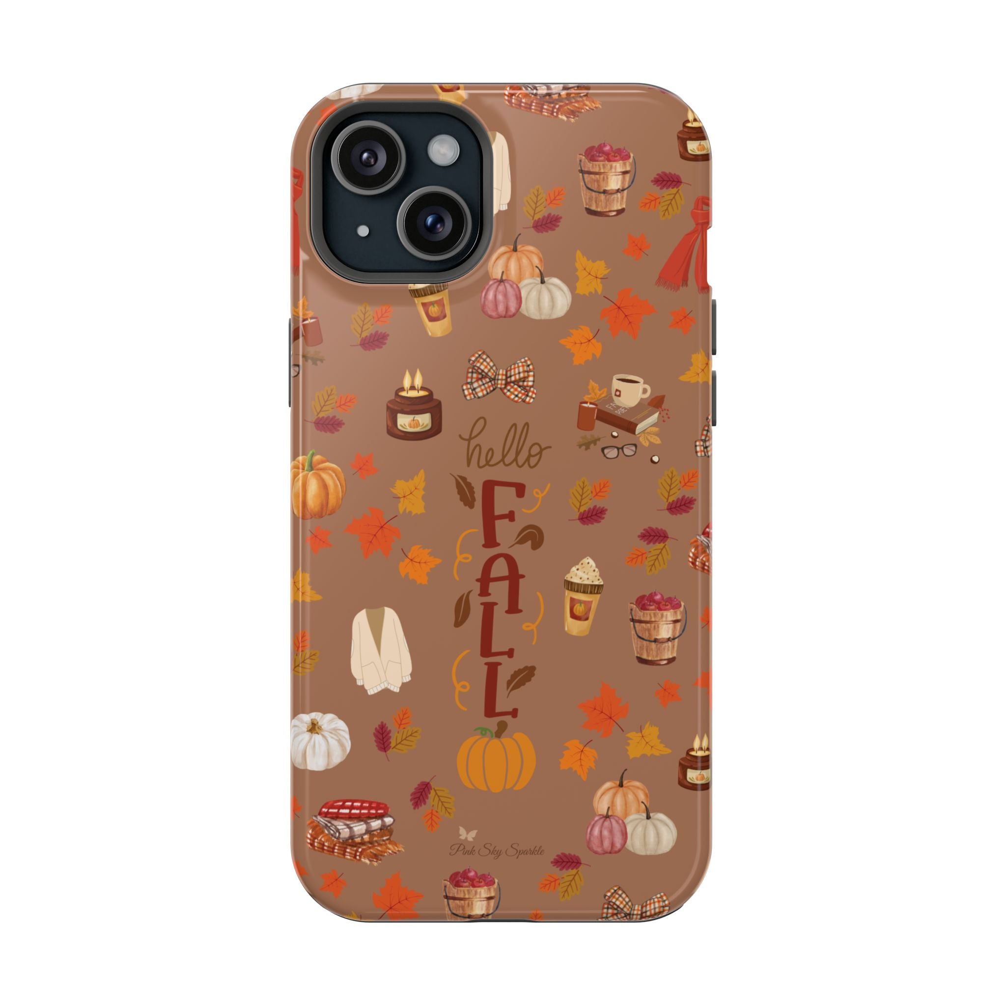 Phone case with autumn-themed design on a white background