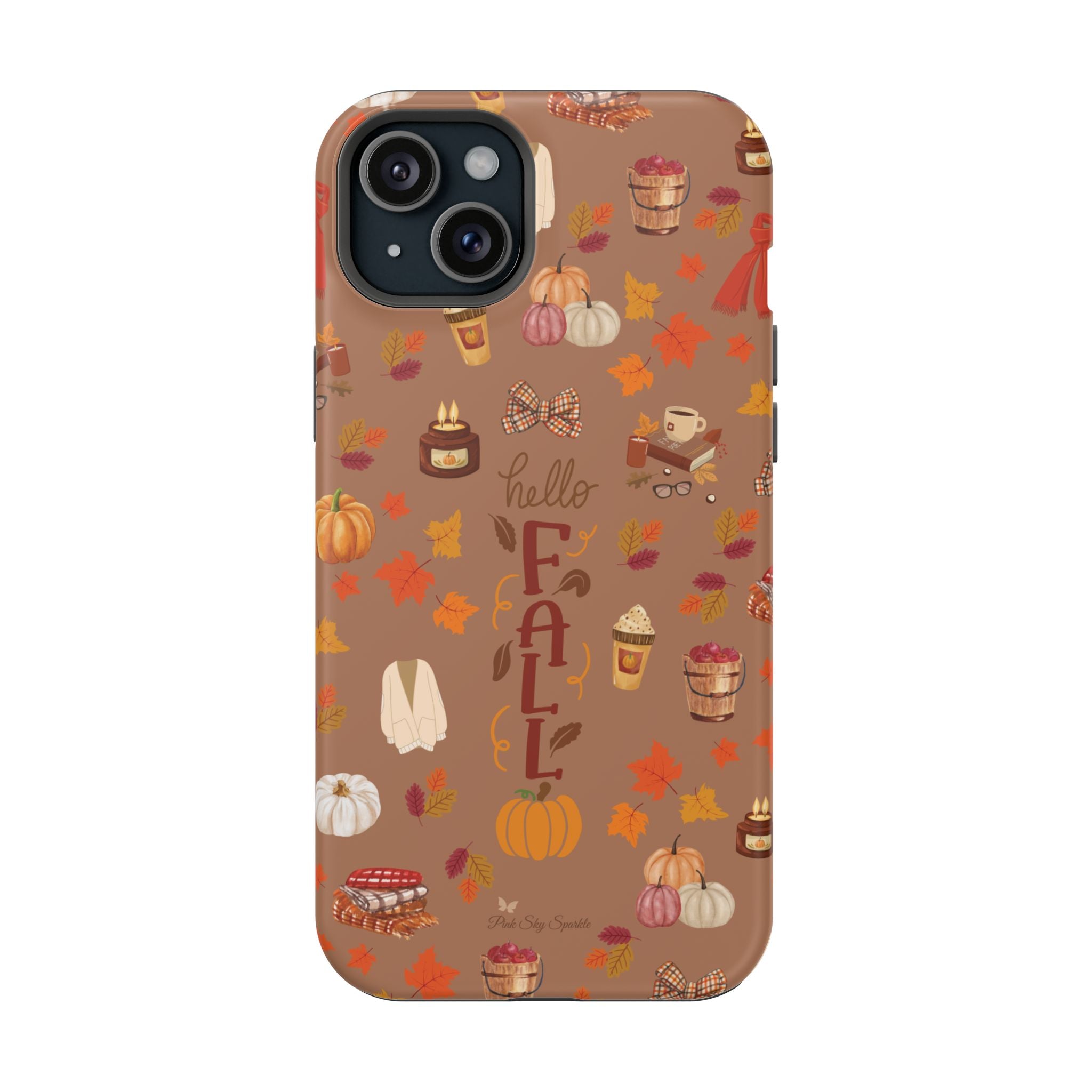 Phone case with autumn-themed design on a brown background
