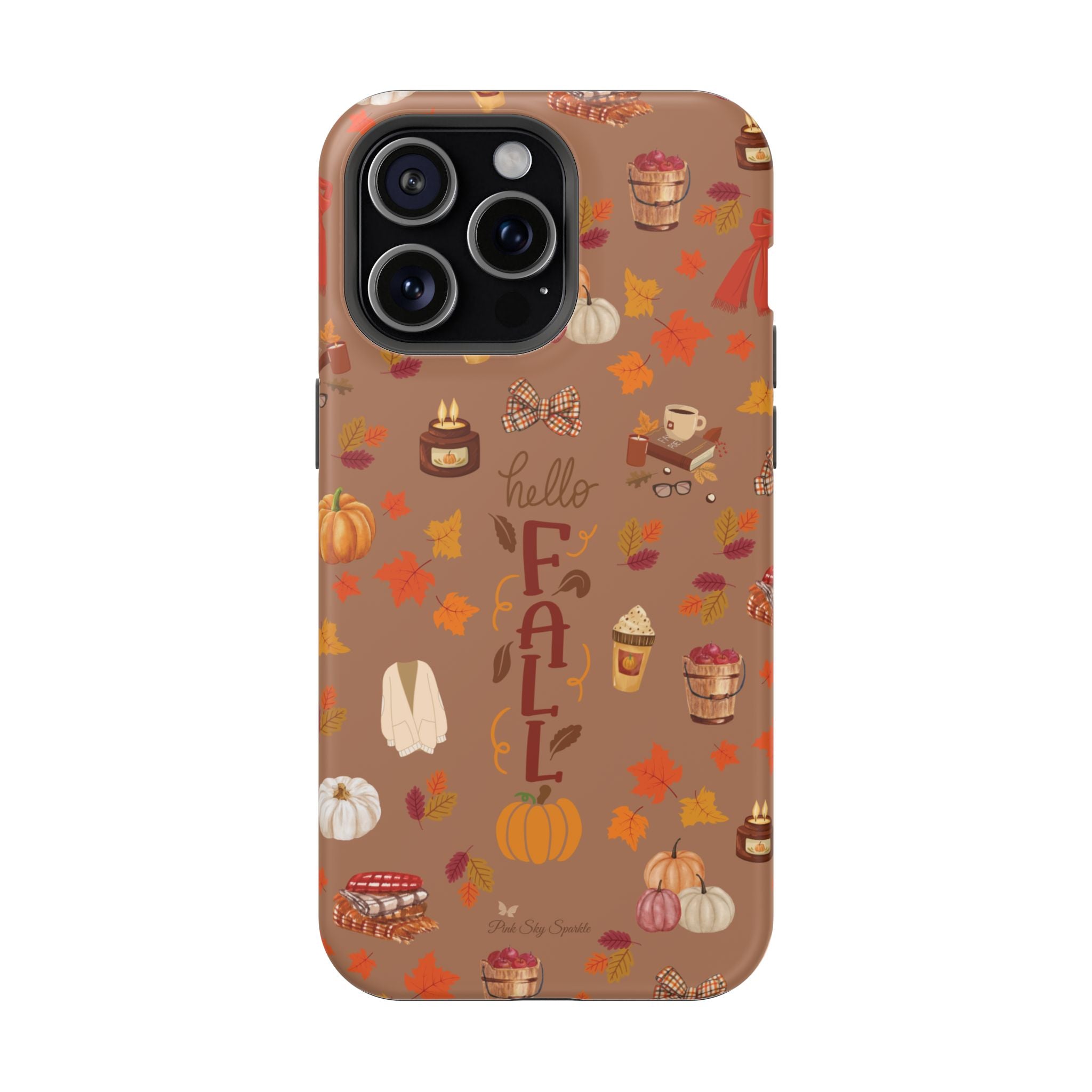 Phone case with autumn-themed design on a white background