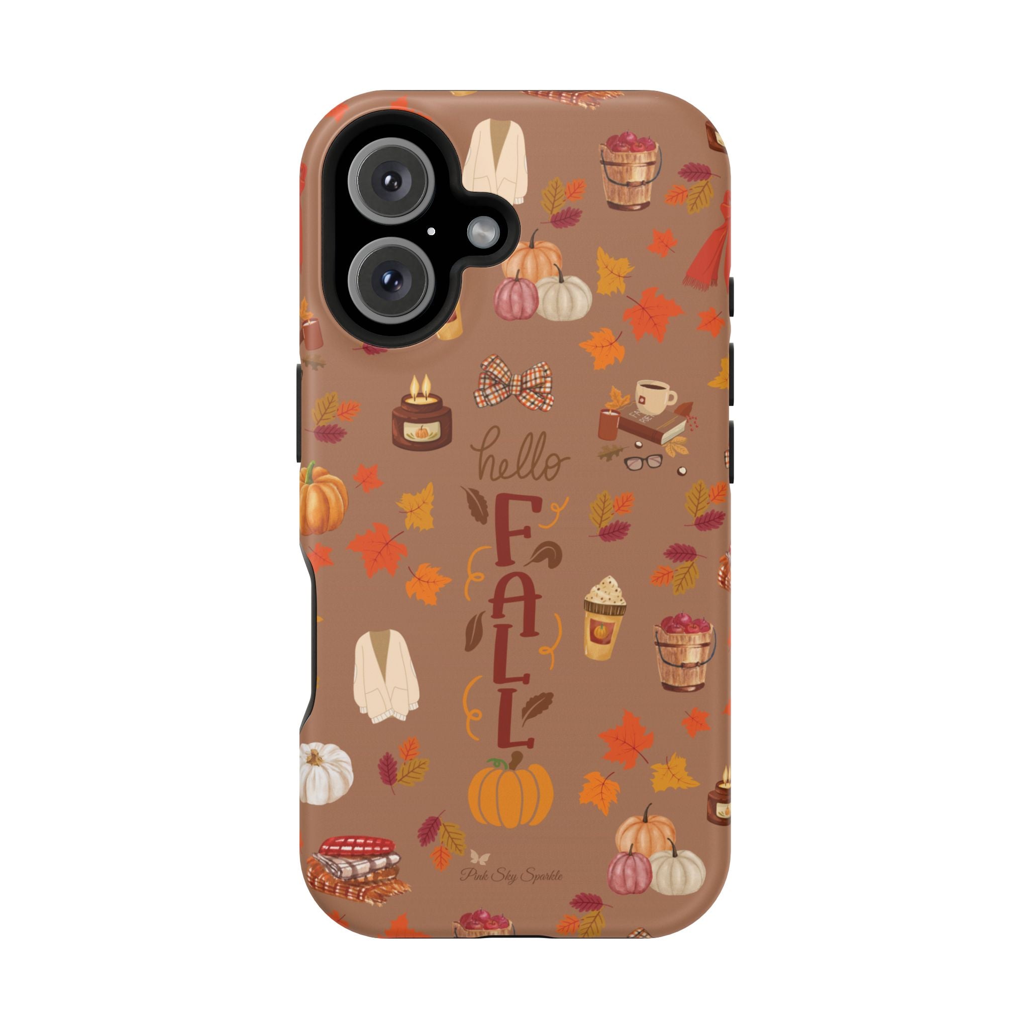 Phone case with autumn-themed design on a white background