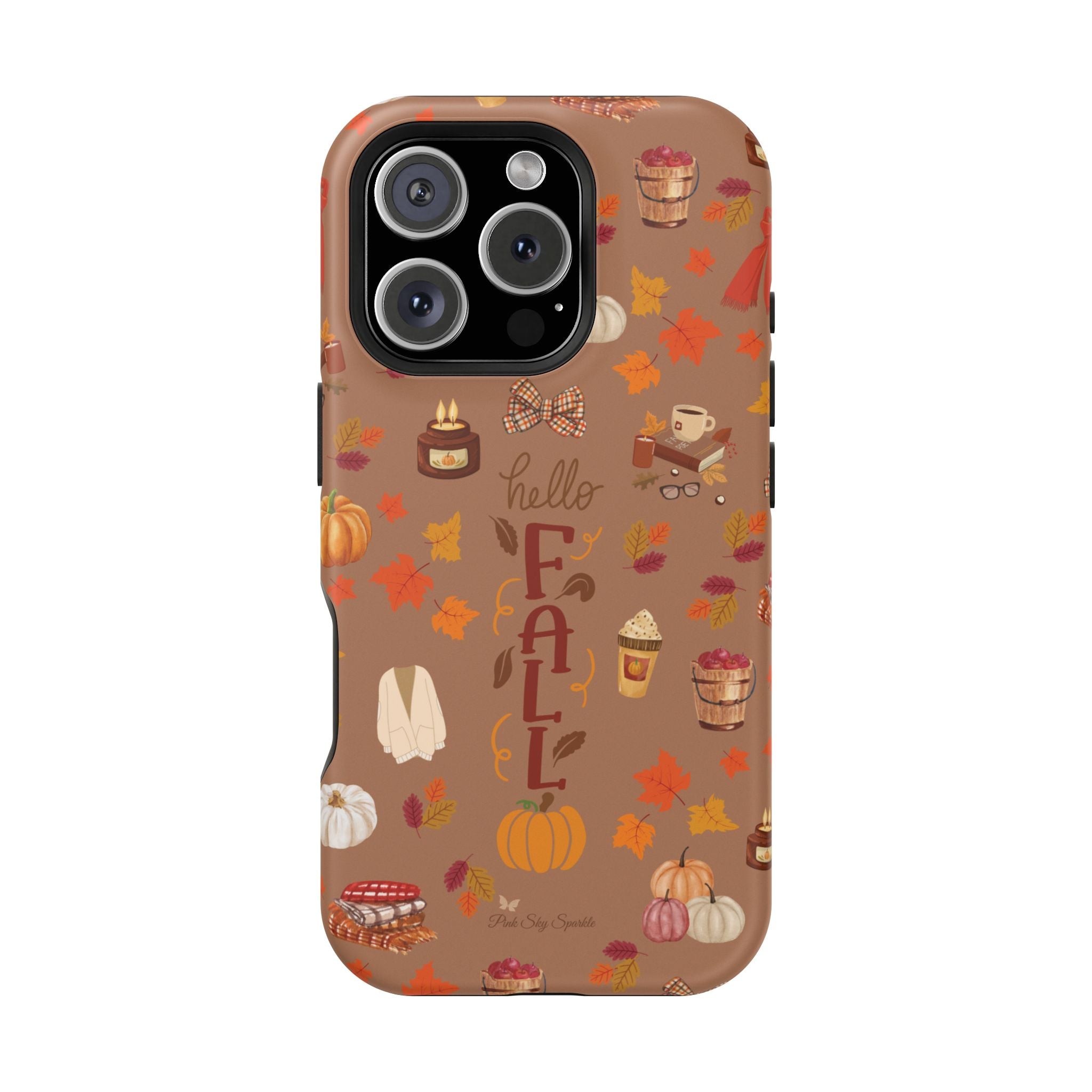Phone case with autumn-themed design on a white background