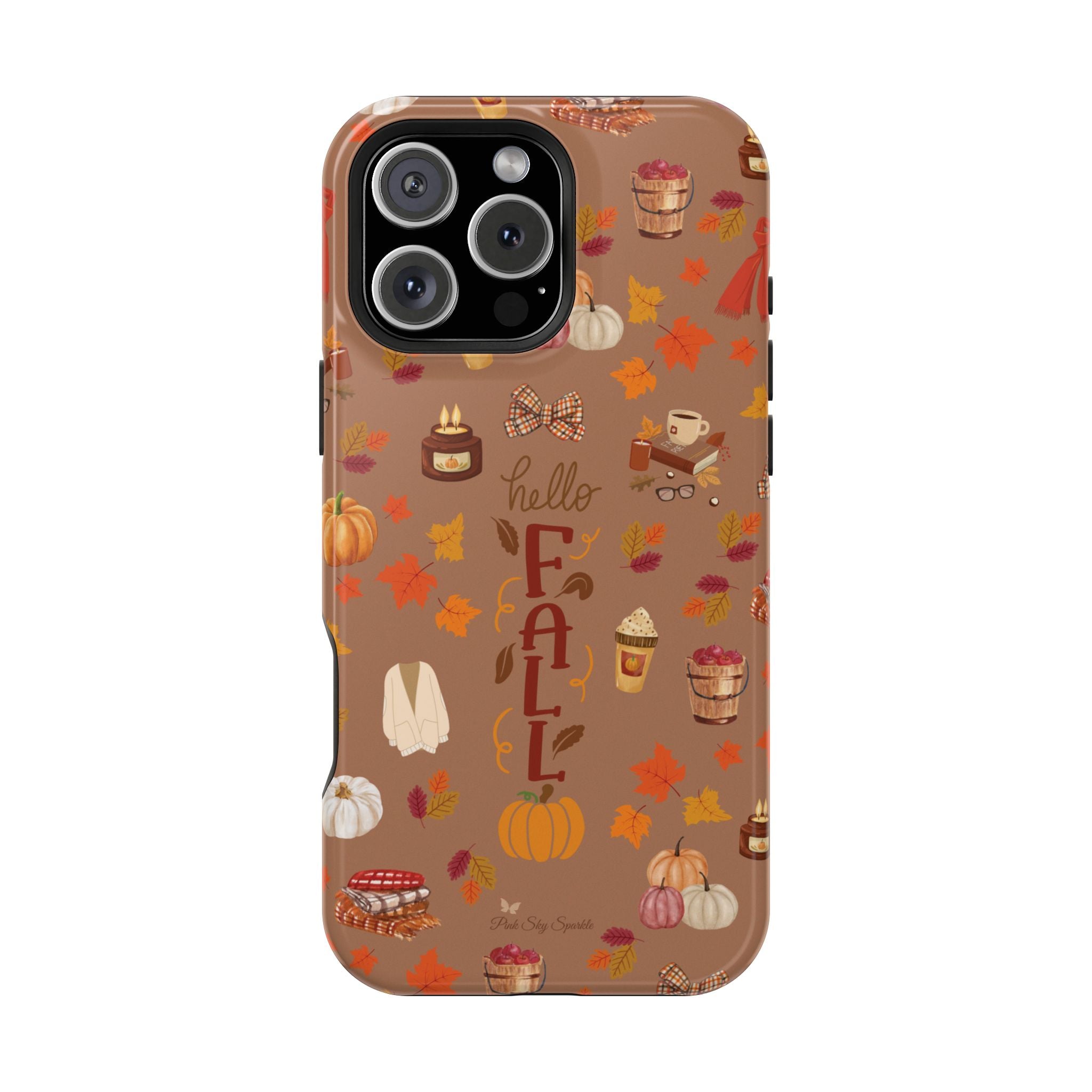 Phone case with autumn-themed design on a brown background