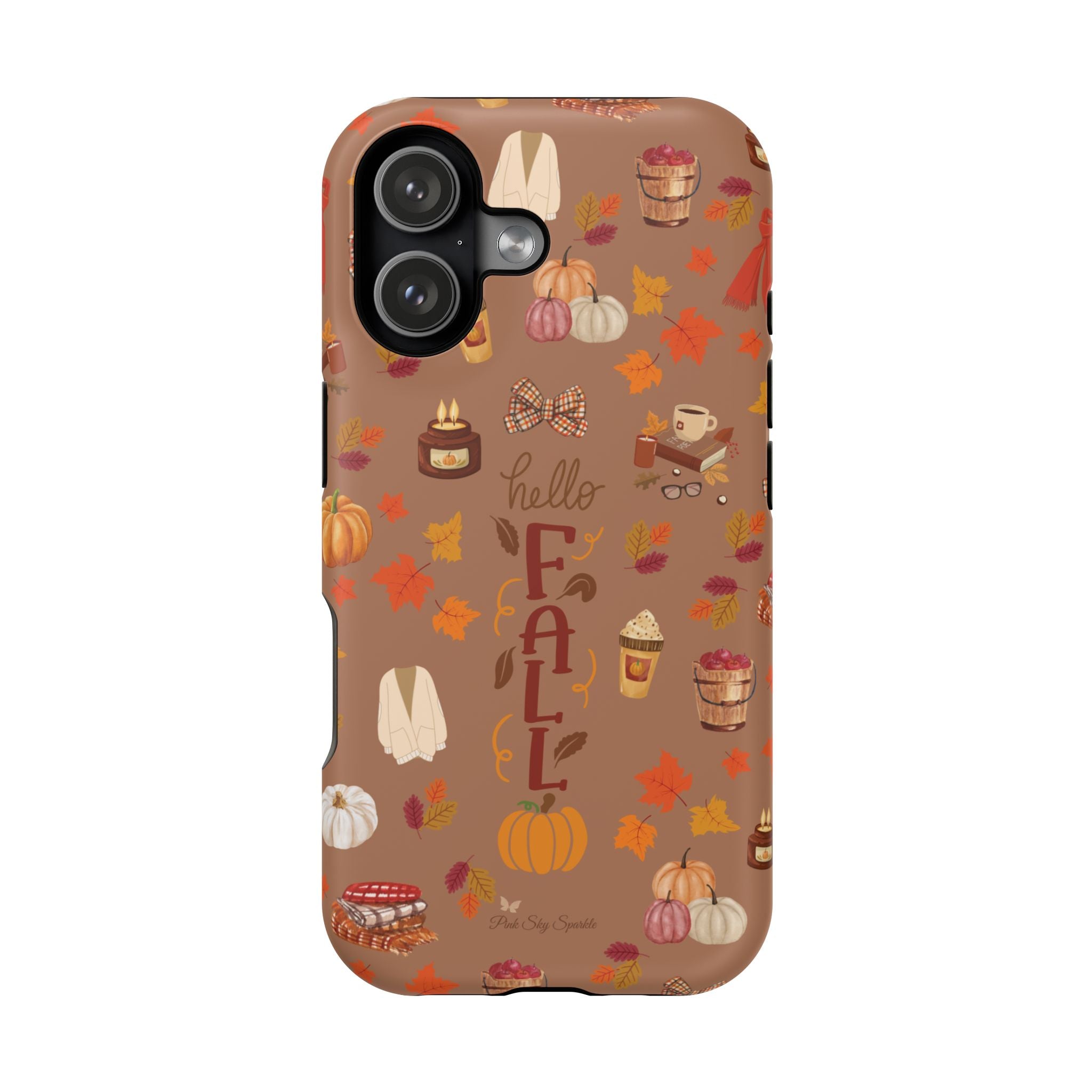 Phone case with autumn-themed design on a brown background
