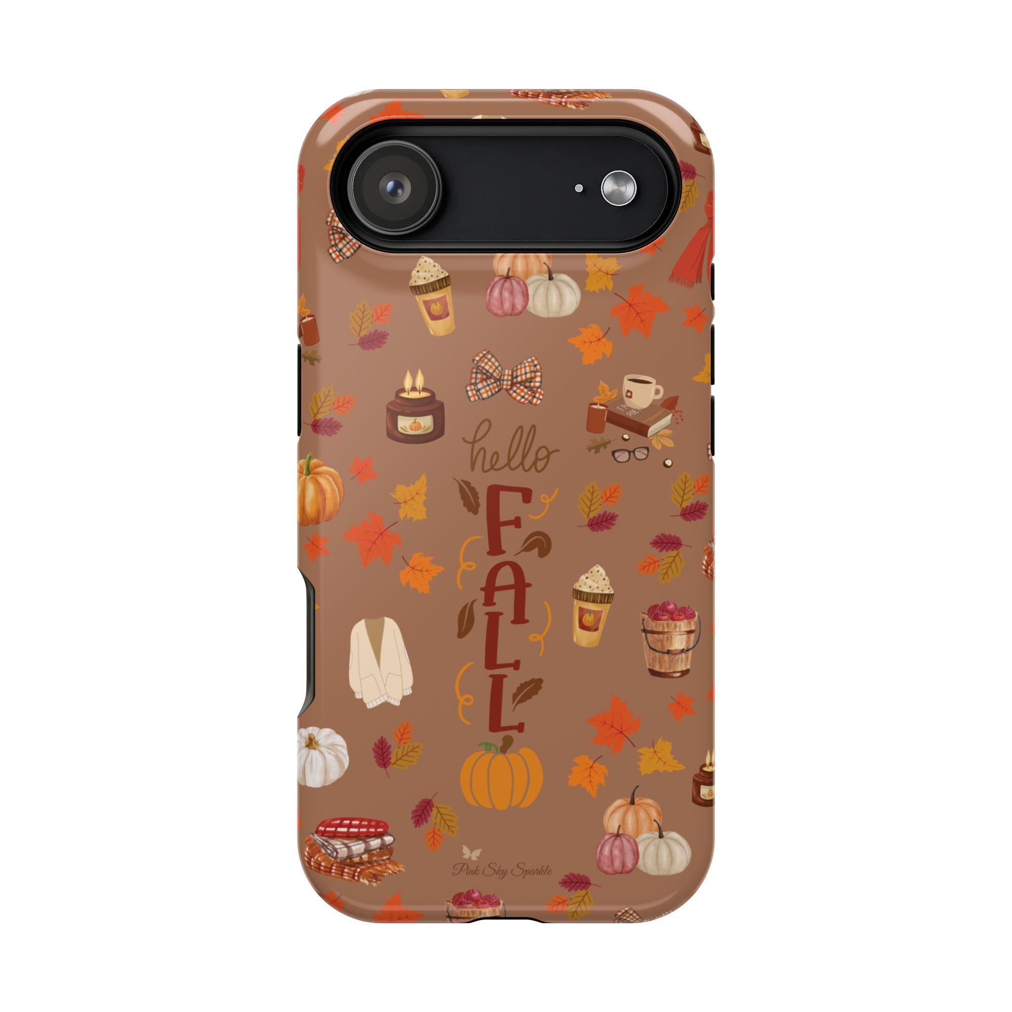 Phone case with autumn-themed design on a white background