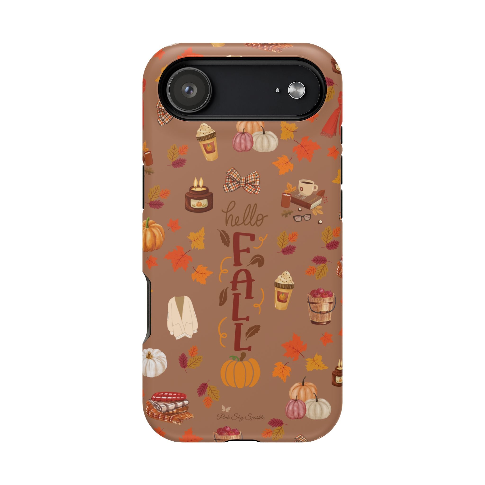 Phone case with autumn-themed design on a brown background