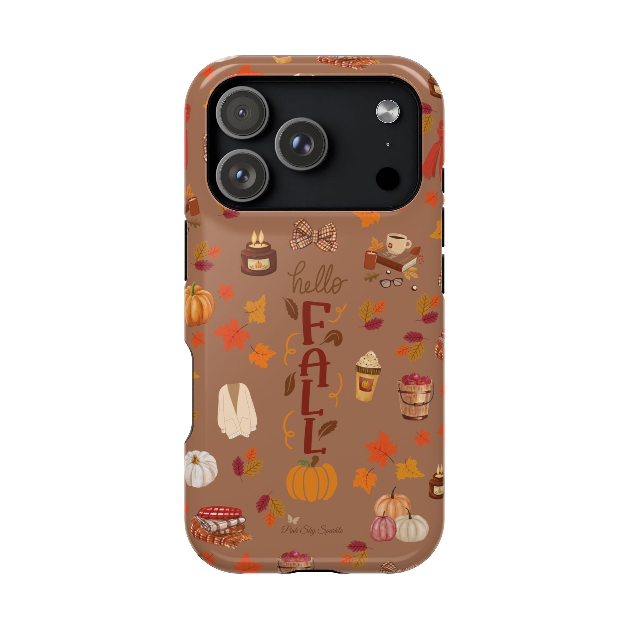 Phone case with autumn-themed design on a white background