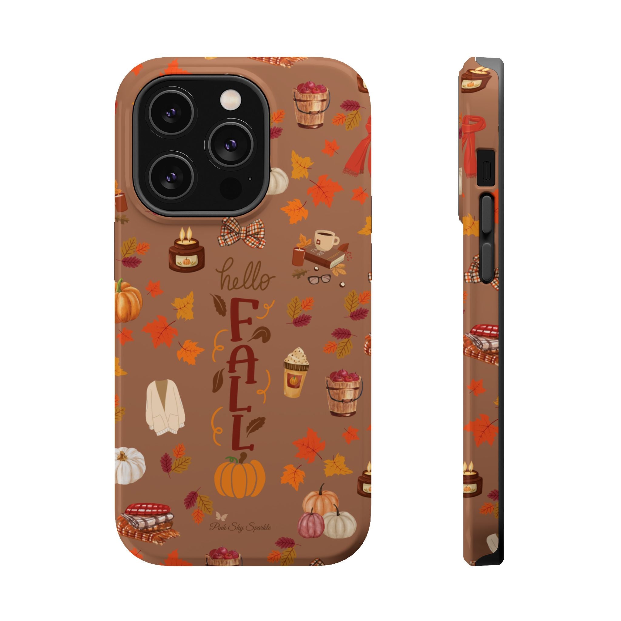 Phone case with autumn-themed design on a brown background