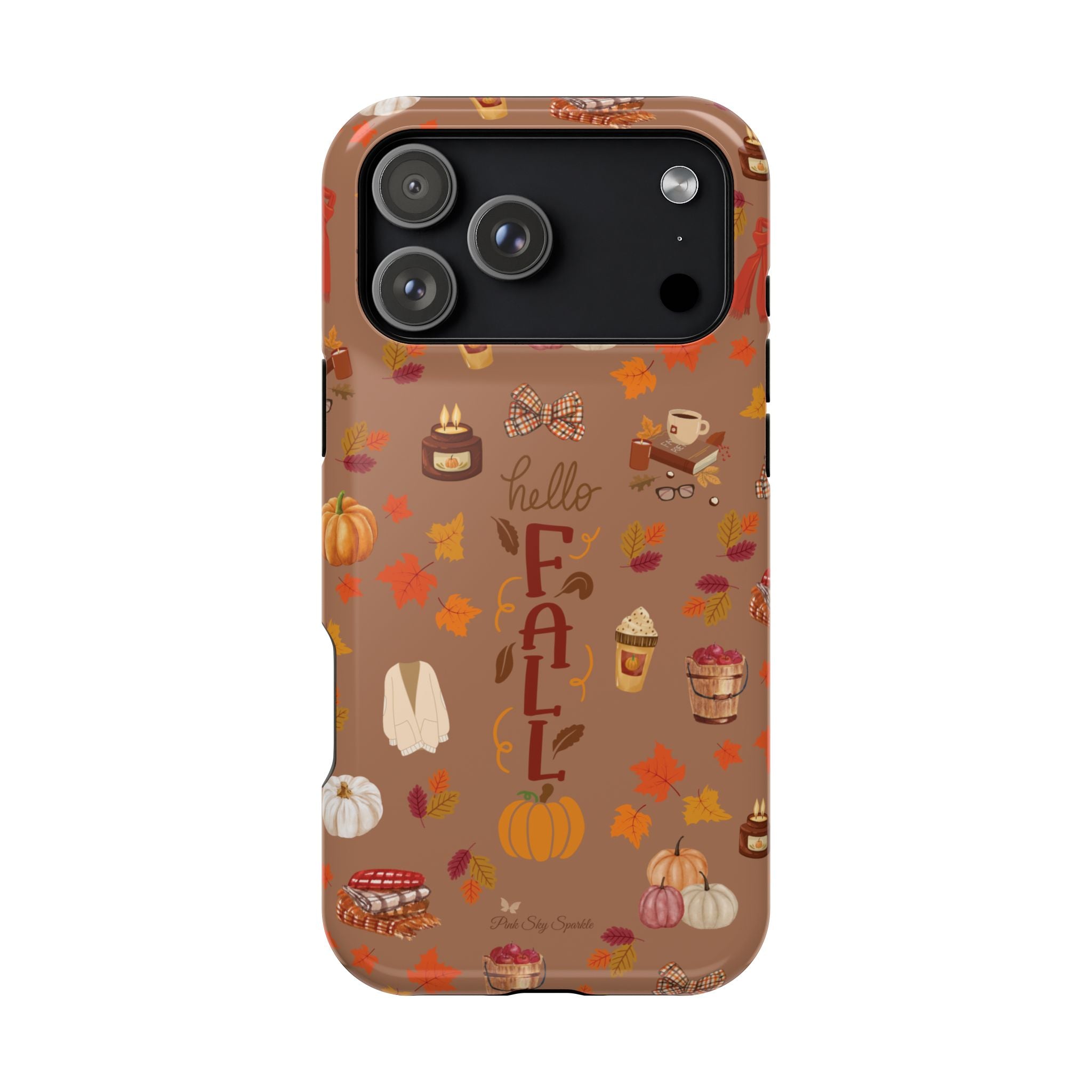 Phone case with autumn-themed design on a white background