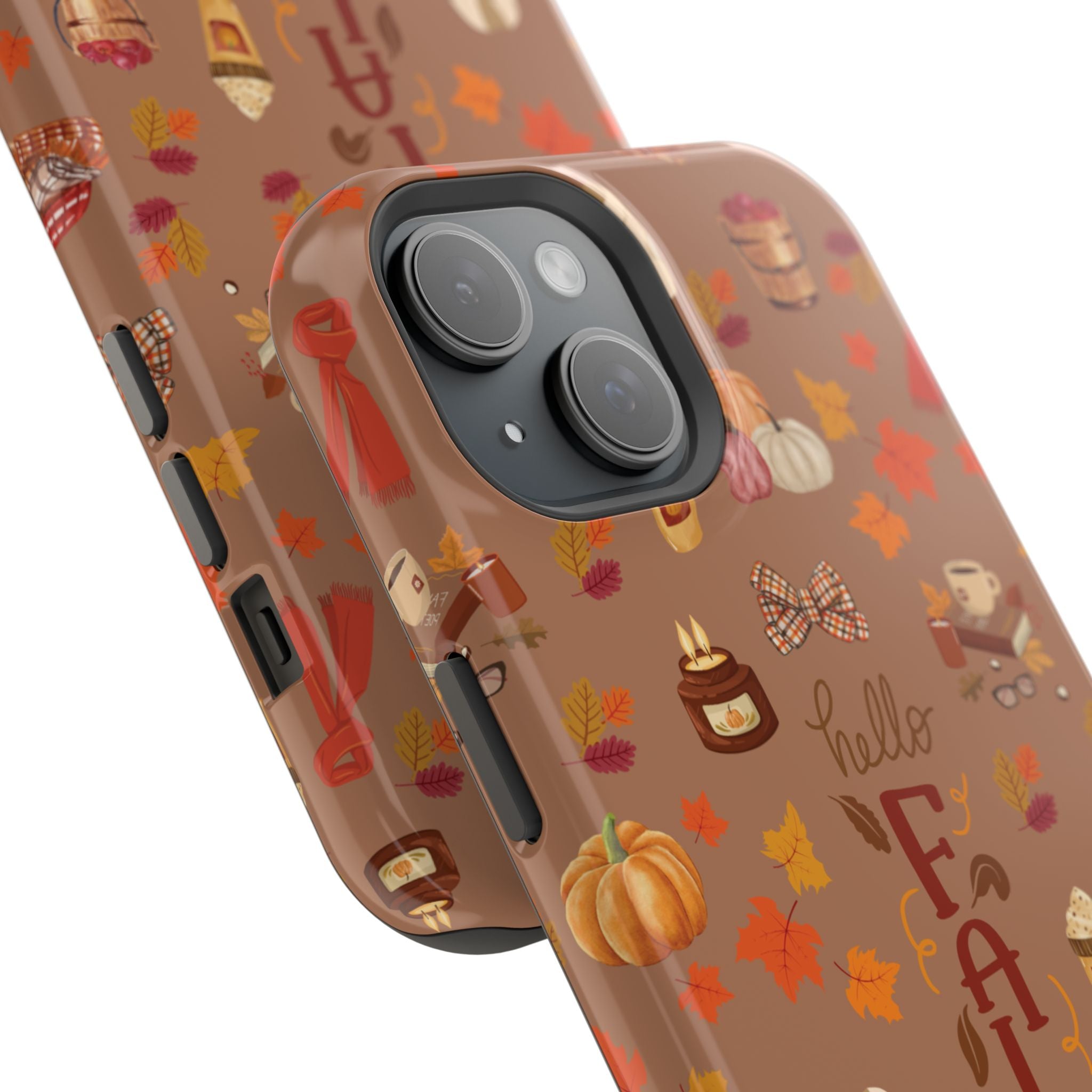 Side view of phone cases with autumn-themed design featuring pumpkins, leaves, and other fall elements on a brown background.