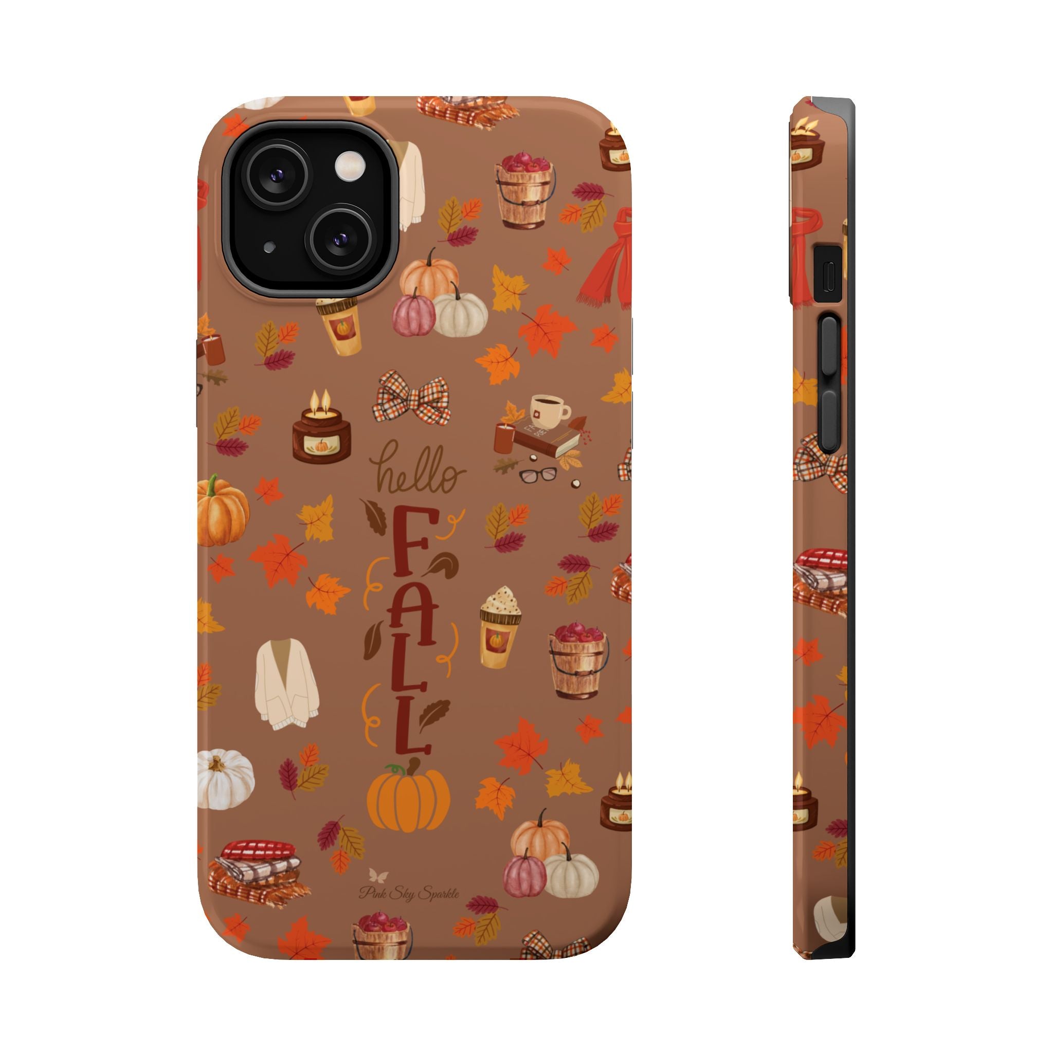 Phone case with autumn-themed design on a brown background