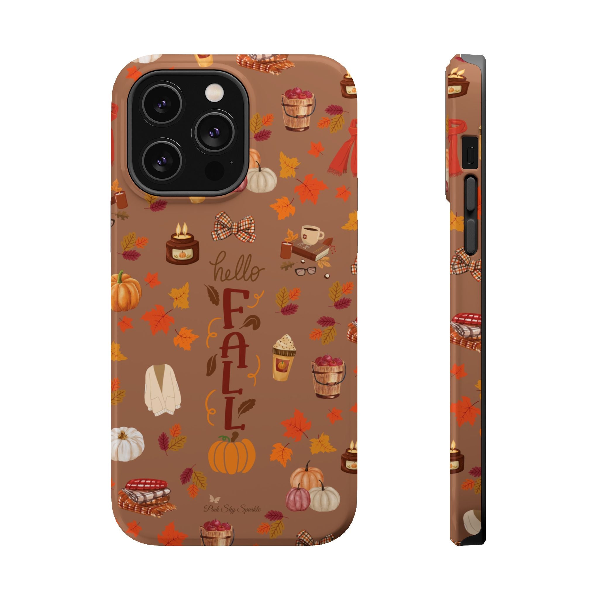 Phone case with autumn-themed design on a brown background