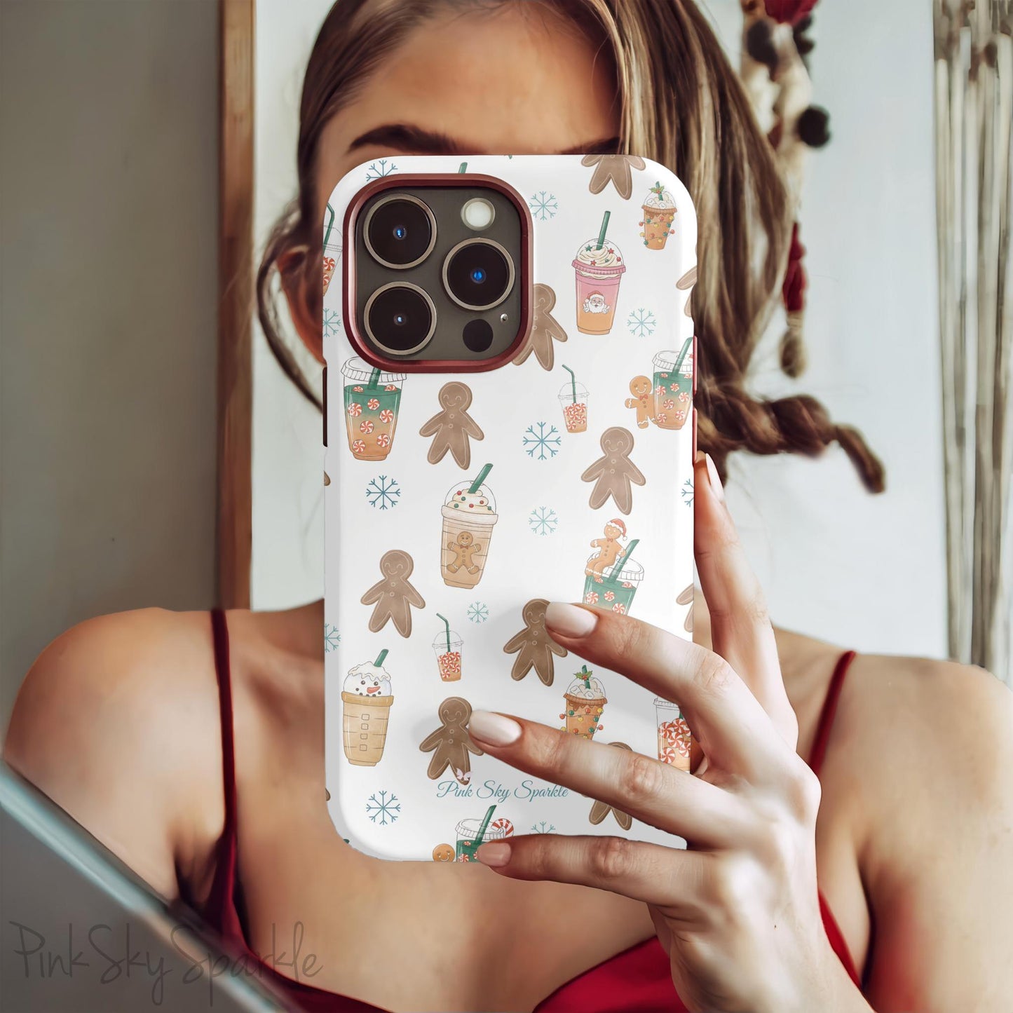 Holiday Sips and Sweets Magnetic iPhone Case featuring gingerbread cookies and festive holiday iced coffees. Compatible with iPhone models 13, 14, 15, and 16, this protective case adds a cozy and whimsical holiday vibe to your device.