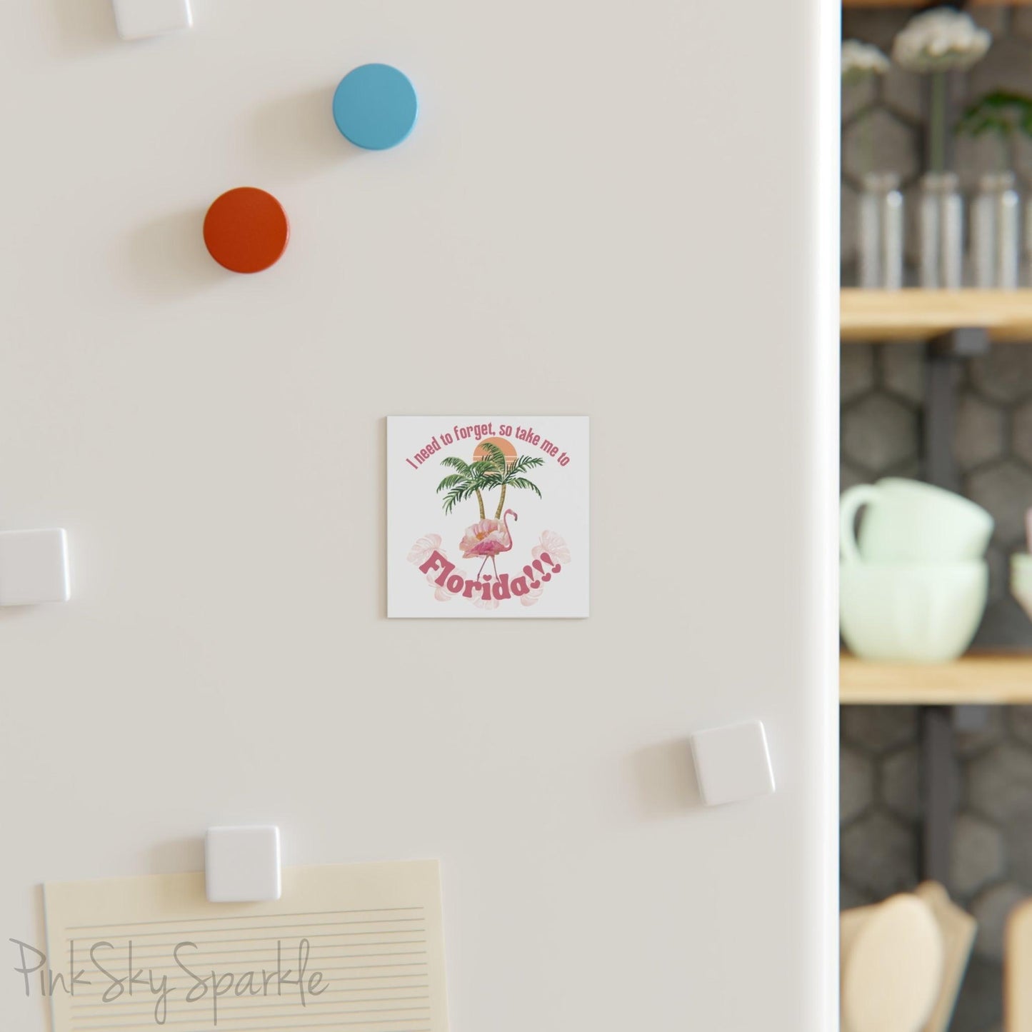 I Need to Forget, So Take Me to Florida!!! Square Magnet. Featuring a flamingo in front of two palm trees and a sun. The perfect gift for any Swiftie.