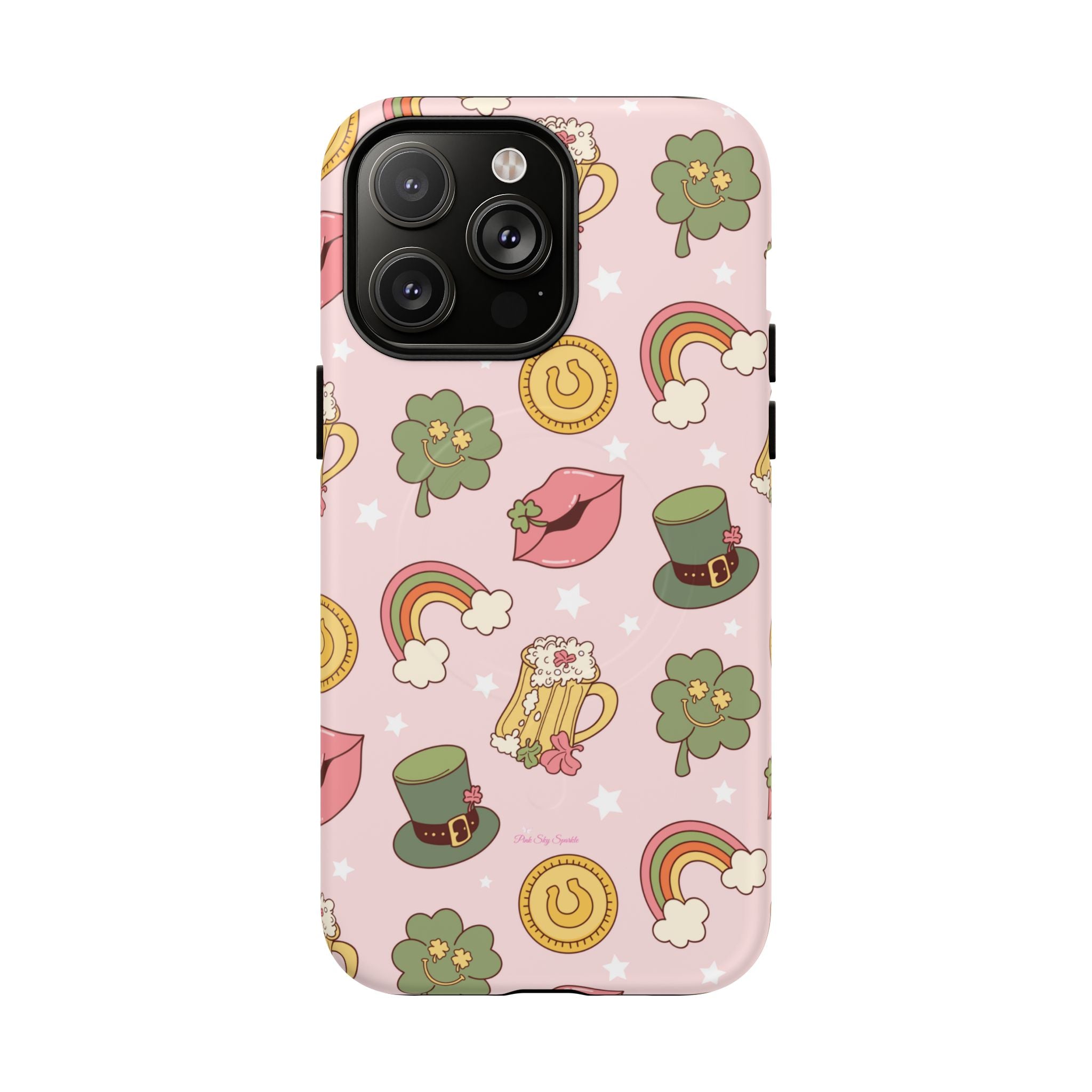 Magnetic iPhone case with a pastel pink background featuring lucky four-leaf clovers, gold coins, rainbows, leprechaun hats, beer mugs, and lips with shamrock details. A festive and playful St. Patrick’s Day design.